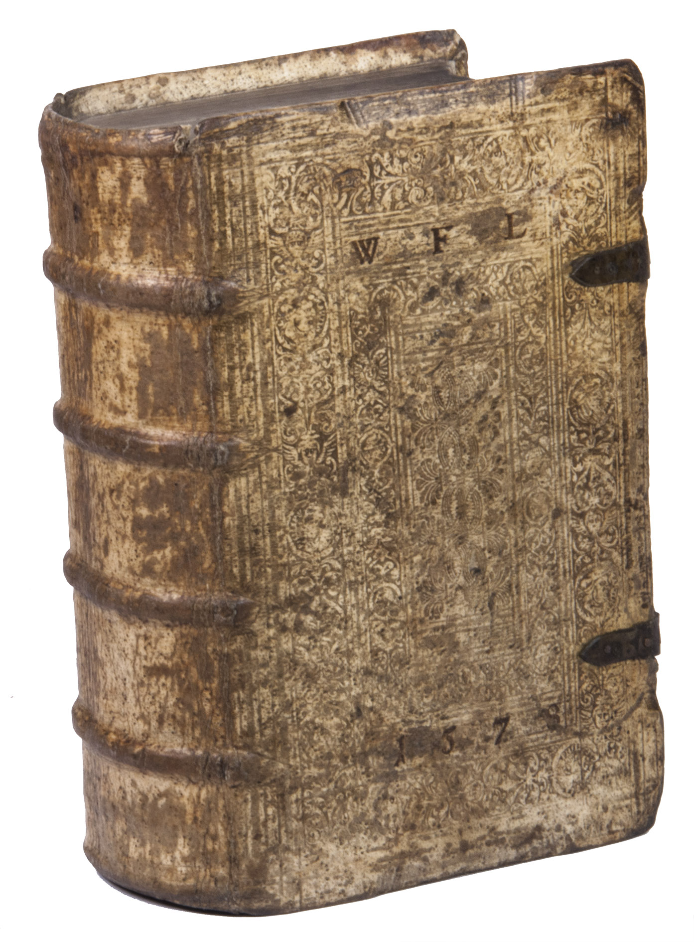 [HENTEN, Johannes (editor) and Jost AMMAN (illustrator)]. - Sacra biblia ad vetustissima exemplaria castigata.Frankfurt am Main, Georg Rab for Sigmund Feyerabend, 1571. 2 parts in 1 volume. 8vo. With 198 woodcut illustrations in the text, a woodcut printer's device on the final page, the titles of both parts are set within an elaborate woodcut border. Contemporary richly blind-tooled pigskin over wooden boards, with the initials 