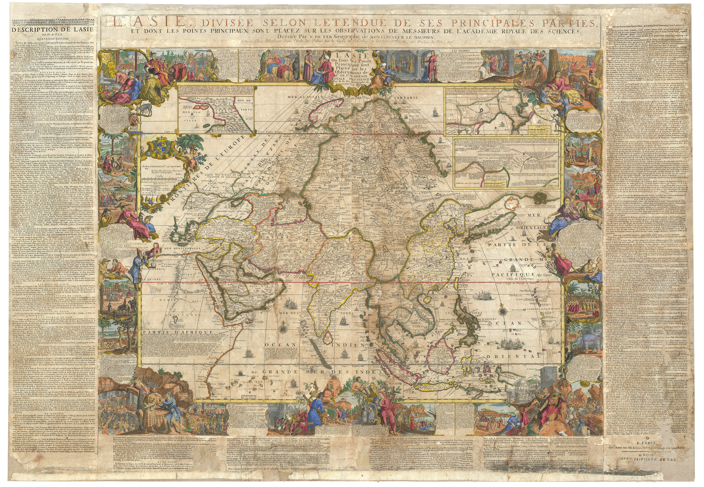 FER, Nicolas de. - Set of four wall maps: America (1698), Africa (1698), Asia (1696), Europe (1695).Paris, chez lauteur / van Loon, 1695-1698. Approximately 114.3 x 165.1 cm each. Copperplate engravings in original outline colour, tissue-backed for stability, laid down to modern cartographic linen. All with title banner dated 1698 with the Royal Privilege, and text panels dated 1703. Each map printed on four joined sheets with title surmounted and engraved text panels at sides and bottom.