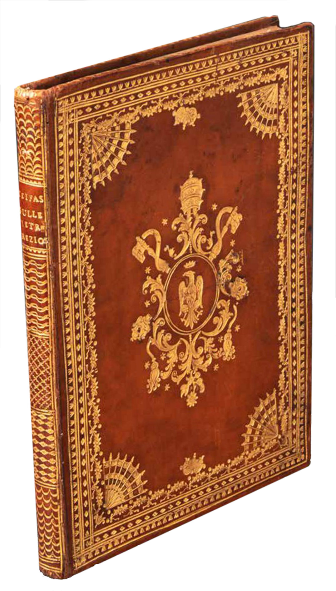 TIFASHI, Shihab al-Din Abu al-Abbas Ahmed ibn Yusuf al-. [Azhar al-afkar fi jawahir al-ahjar]. - Fior di pensieri sulle pietre preziose di Ahmed Teifascite. Opera stampata nel suo originale arabo, colla traduzione Italiana appresso, e diverse note di Antonio Raineri.Florence, Tipografia Orientale Mediceo-Laurenziana, 1818. Folio (205 x 281 mm). Contemporary gold tooled light brown polished calf, with the title lettered in gold on the spine, the papal supralibros in the central panel on both boards, gilt edges, marbled endpapers.