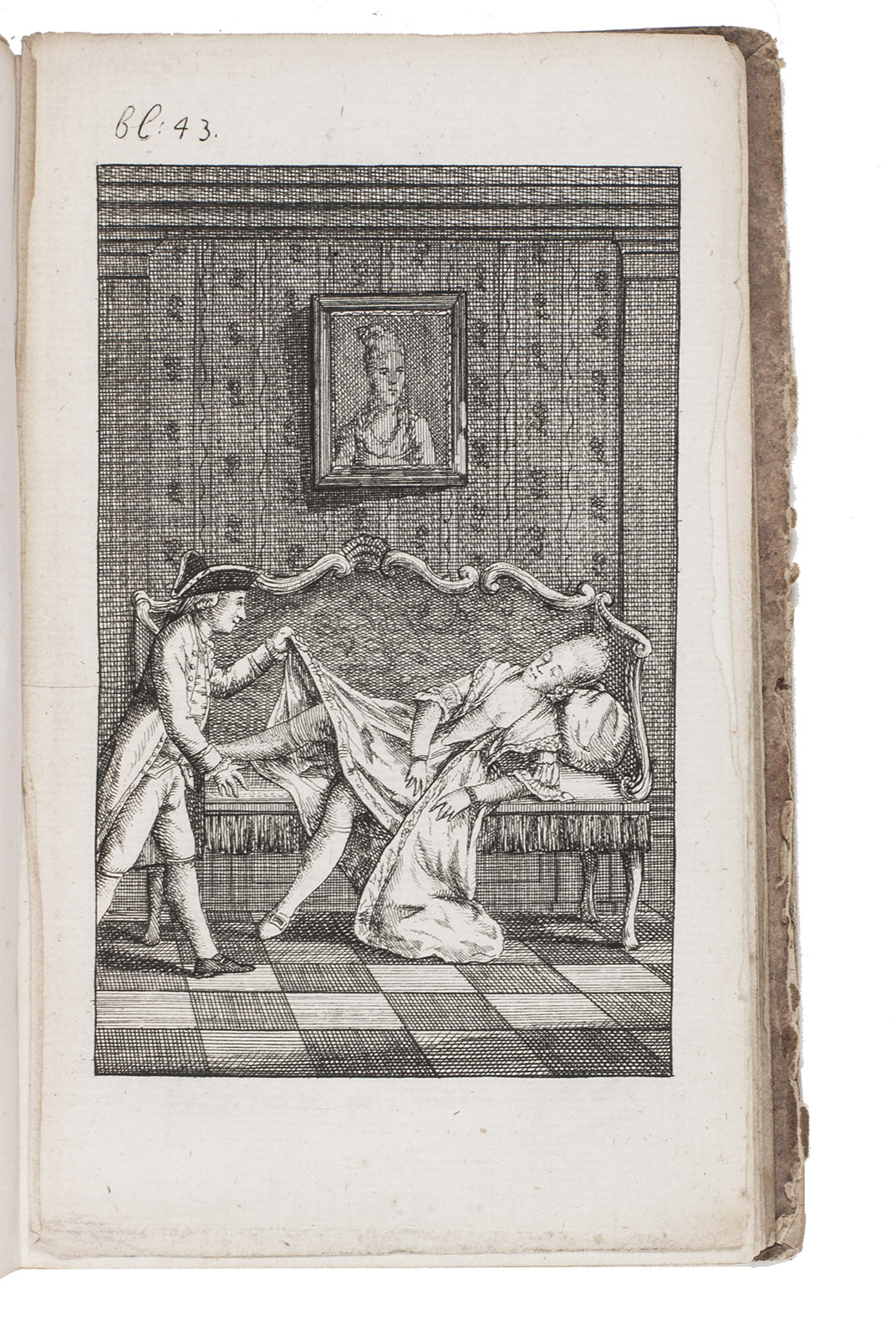 [EROTICA]. - De belydenis van een lichtmis. Bevattende een aantal voorvallen in de galante wereld zo in Nederland als elders; wonderlyke ontmoetingen met vrouwen van allerlei soort; veele potsen meest voorgevallen in de nacht, en achter de gordynen; zeldzaame karakters van beiderlei sexe, enz. enz. enz. Alles beschreeven ten vermaake van de kinderen dezer wereld door den belyder zelve.[The Netherlands, ca. 1770]. 8vo. With 4 engraved plates. Contemporary red half roan, gold-tooled spine.