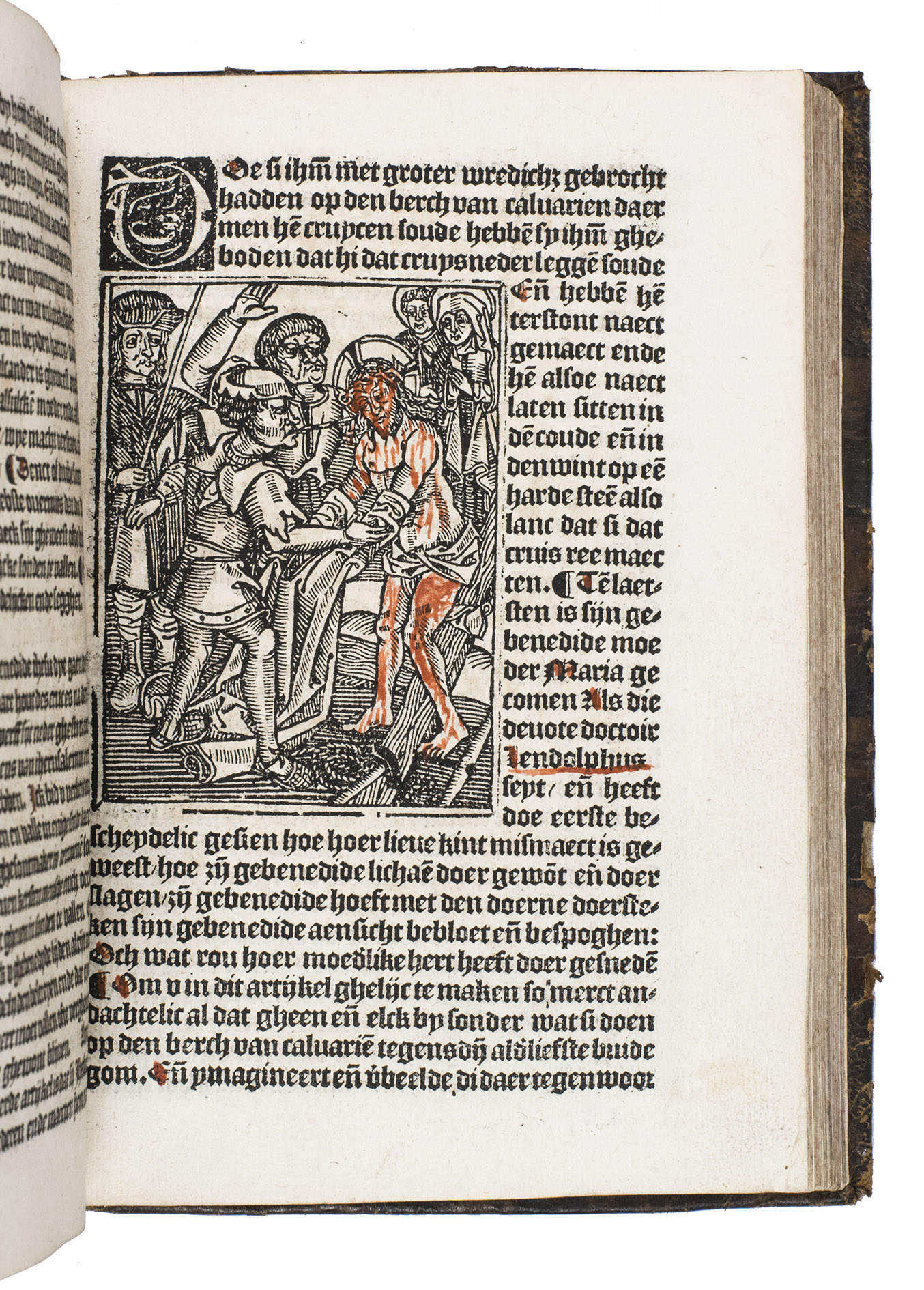 [WEYNSEN, Matthias (editor)]. - Fascicul[us] mirre. Hier beghint een seer sonderlinghe ende devote materie van die passie ons Heren Jesu Cristi gheheten (dat busselkijn of dat bondekijn van mirre) vergadert ende gecompileert van eenen gheestelijcken ende seer verlichten broeder vander minrebroeders oerden van die familie der observanten in die provincie van Colen ...(Colophon:) Antwerp, Henrick Eckert van Homberch, 18 January 1518. 4to. With the first word of the title printed in red, 35 woodcut illustrations in the text (of which 8 repeats), with Christ's wounds coloured in red, and 53 decorated woodcut initials. The work is rubricated throughout. 17th-century gold tooled mottled brown calf.