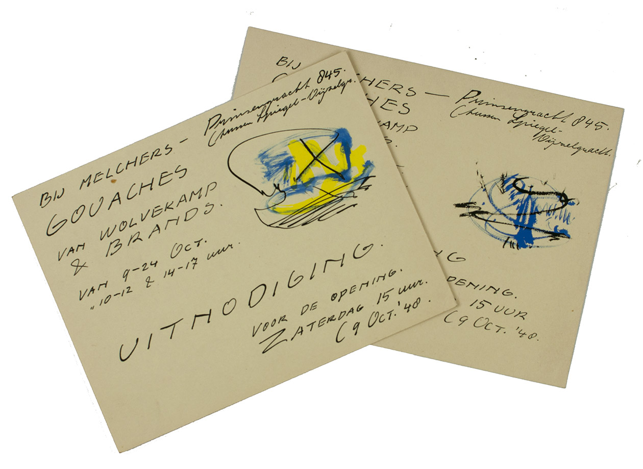 [DRAWING]. BRANDS, Eugne. - [Two manuscript invitations for an exhibition opening, each including an original drawing in colour].[Amsterdam, 1948]. Each 14.7 x 11 cm. Pen-and-ink drawings; one with blue watercolour and the other with blue and yellow watercolour.