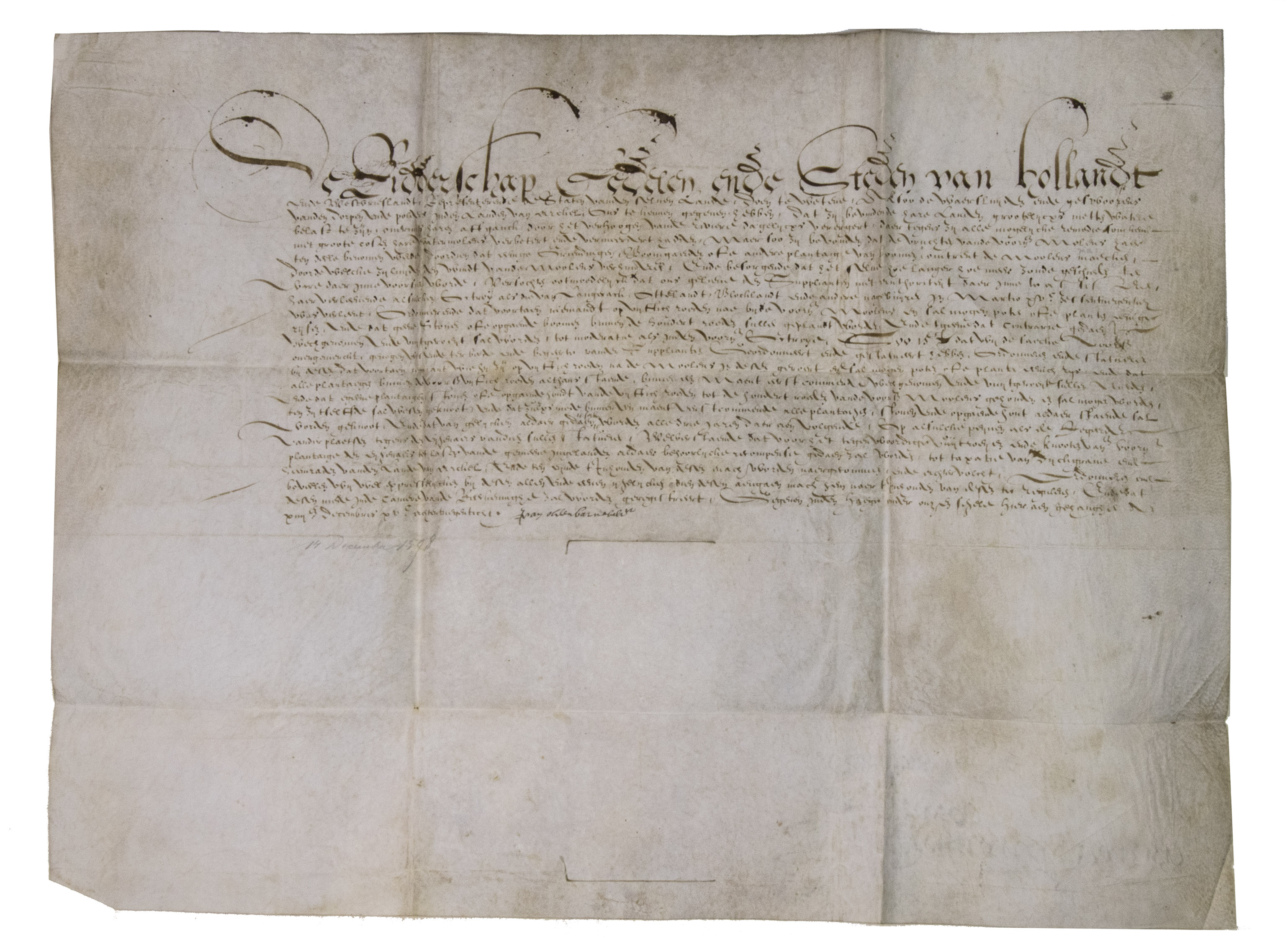 [MANUSCRIPT - ORDINANCE]. OLDENBARNEVELT, Johan van. - [Ordinance forbidding the planting of trees around windmills in the Land van Arkel (in the southwestern corner of the province of Holland) and requiring the removal of existing trees].The Hague, 14 December 1598. Manuscript document in Dutch in brown ink on the skin side of a single piece of sheepskin parchment (36 x 48 cm, folded to 14 x 19 cm).