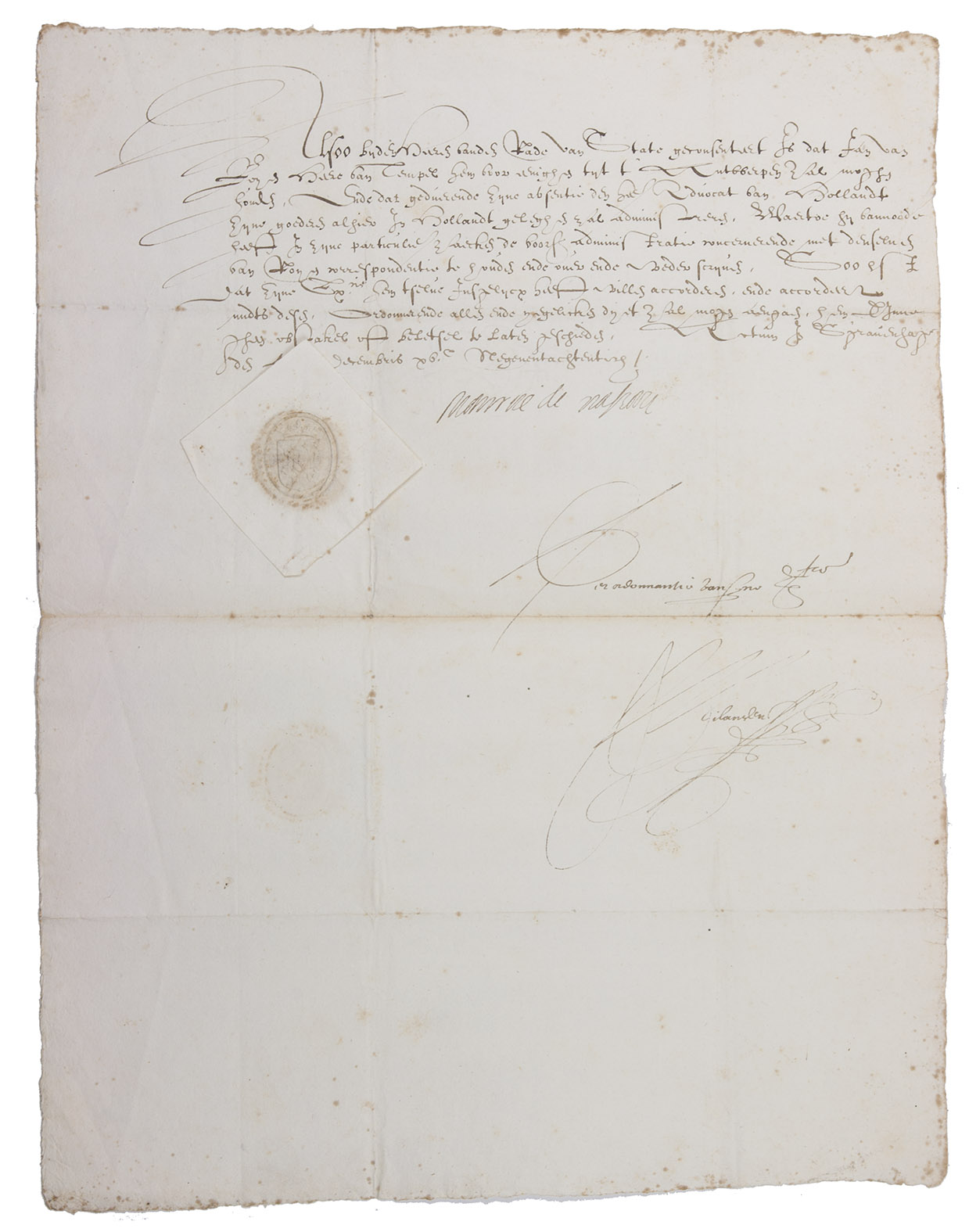MAURITS, Prince of Orange. - [Declaration for Jan de Roo].[The Hague], 4 December 1589. 1mo (41 x 31.5). Document written in brown ink on one side of a whole sheet of paper in an upright gothic cursive hand, with the autograph signature 