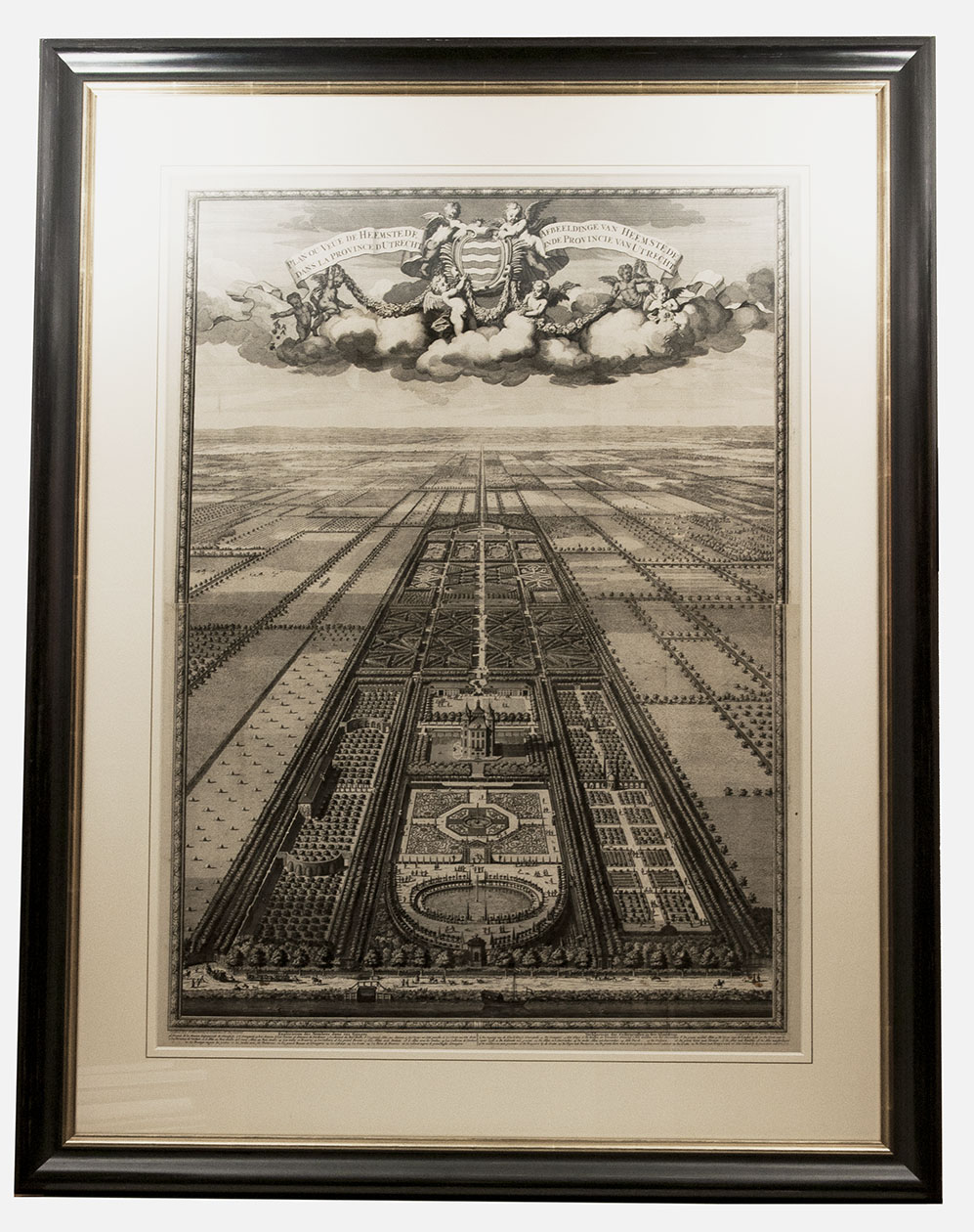 [VIEWS - NETHERLANDS - HEEMSTEDE]. MOUCHERON, Isaac de. - Plan ou vee de Heemstede, dans la province d'Utrecht | Afbeeldinge van Heemstede, in de provincie van Utrecht.[Amsterdam], Nicolas Visscher, [ca. 1700]. Very large etched bird's-eye view of the Heemstede estate and gardens (99 x 71 cm) engraved by Danil Stoopendaal and printed on 2 2/3 sheets from 2 copper plates. Framed.