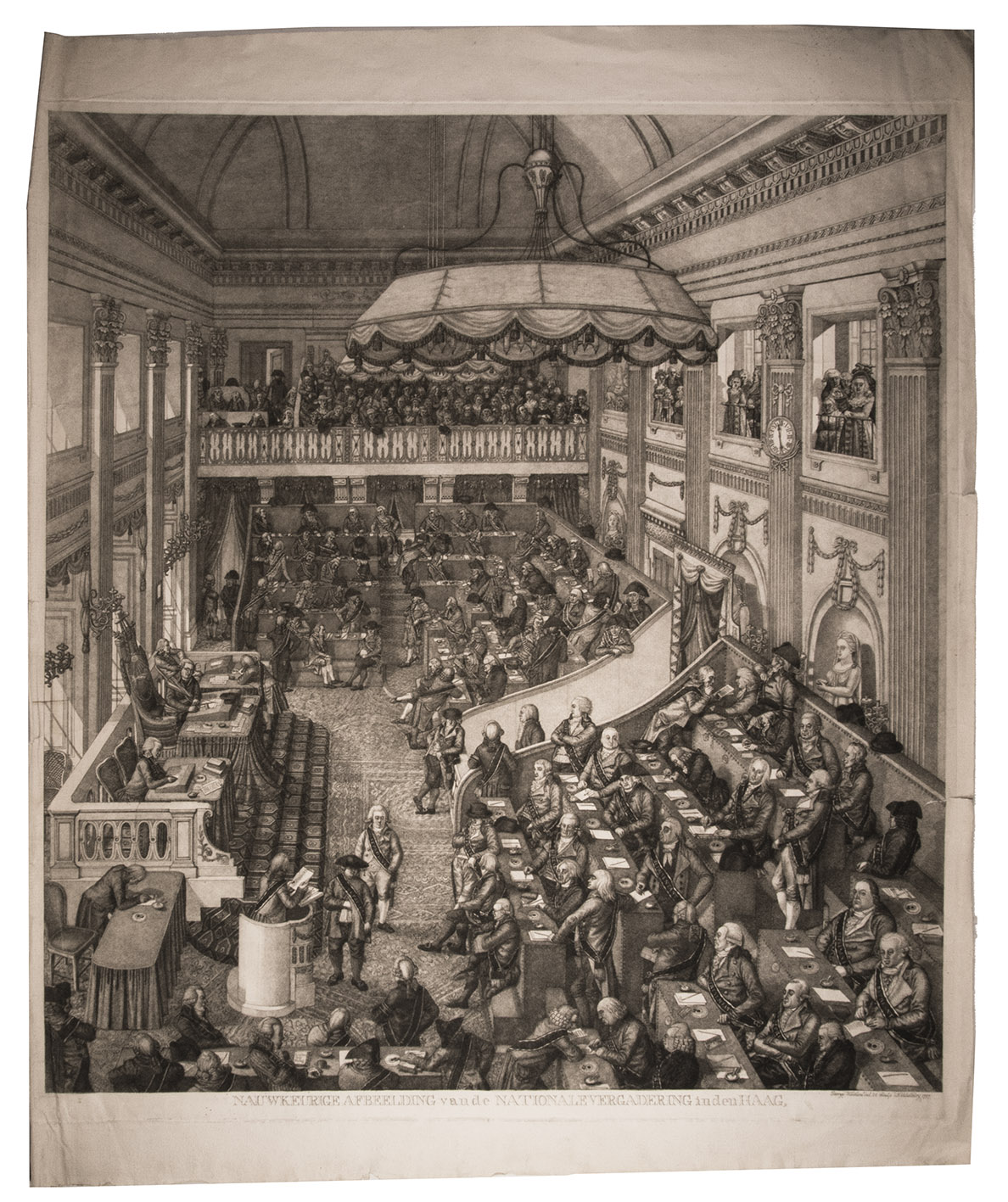 KOCKERS, George. - Nauwkeurige afbeelding van de Nationale Vergadering in Den Haag.Middelburg, 1797. 1mo (77 x 63 cm).Stipple engraving (plate size: 68 x 61.5 cm).