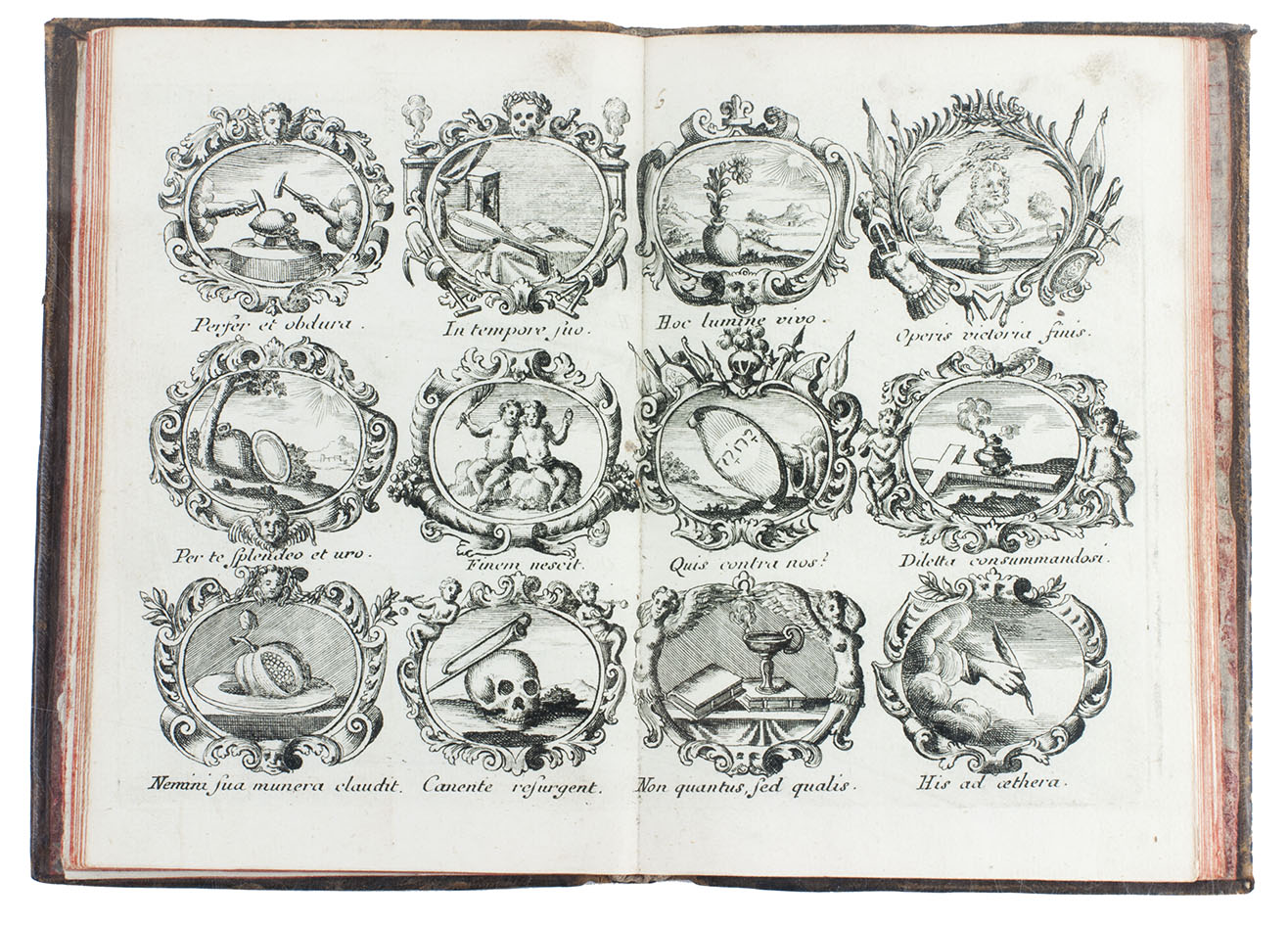 [EMBLEMATA & MONOGRAMS]. - [Collection of emblematic and monogram plates from 4 series].Nrnberg, Johann Christoph Weigel, [ca. 1726 (engraved ca. 1700 - ca. 1726)]. 16 x 11 cm. With 14 engraved plates (plate size 13 x 19 cm) bound as double-page plates. Contemporary mottled calf, gold-tooled spine.