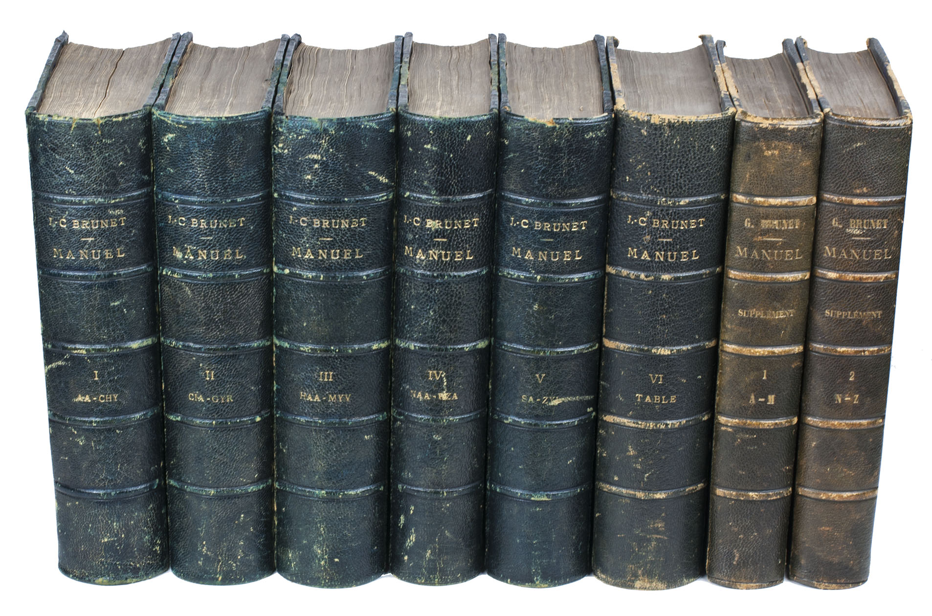 BRUNET, Jacques-Charles. - Manuel du Librairie et de l'amateur de livres.Paris, Firmin Didot Frres, Fild, et Cie, 1860-1880. 8 volumes (6 volumes + 2 supplement volumes). Large 8vo. Contemporary half morocoo.