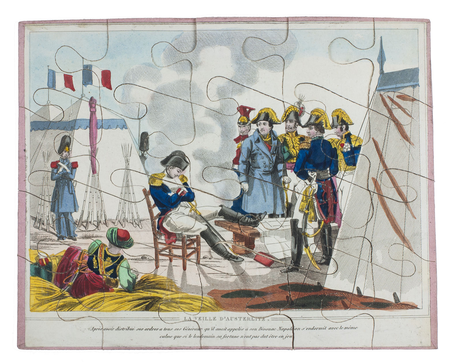[NAPOLEON BONAPARTE - PUZZLES]. - La veille d'Austerlitz. With: (2) La Nuit de Lodi. (3) Clmence de l'empreur.Paris, Ulysse, [1814 or 1815]. Three (from a set of four?) jigsaw puzzles (each 19.5 x 24.5 cm), each comprising an engraved print mounted on thin wood, coloured by a contemporary hand and cut to form a jigsaw puzzle, with an engraved caption and short description below the image. Kept in the original publishers paperboard box covered with green paper, with an etched and engraved sample print for a fourth puzzle (with a caption headed quit de l'empereur) mounted on the top, coloured by a contemporary hand and framed with strips of gilt paper embossed with a decorative pattern. Each puzzle with the original pink paper wrap-around slip preserved.