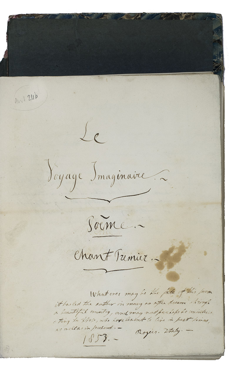 [MANUSCRIPT - FRENCH - IMAGINARY VOYAGE]. - Voyage imaginaire. Pome. Chant 1-4.Adegeest (manor house at Voorschoten, between The Hague and Leiden), 1853. Large 4to (27 x 21.5 cm). Loose quires in cover: marbled boards joined together by a spine of red painted sheepskin, green ties.