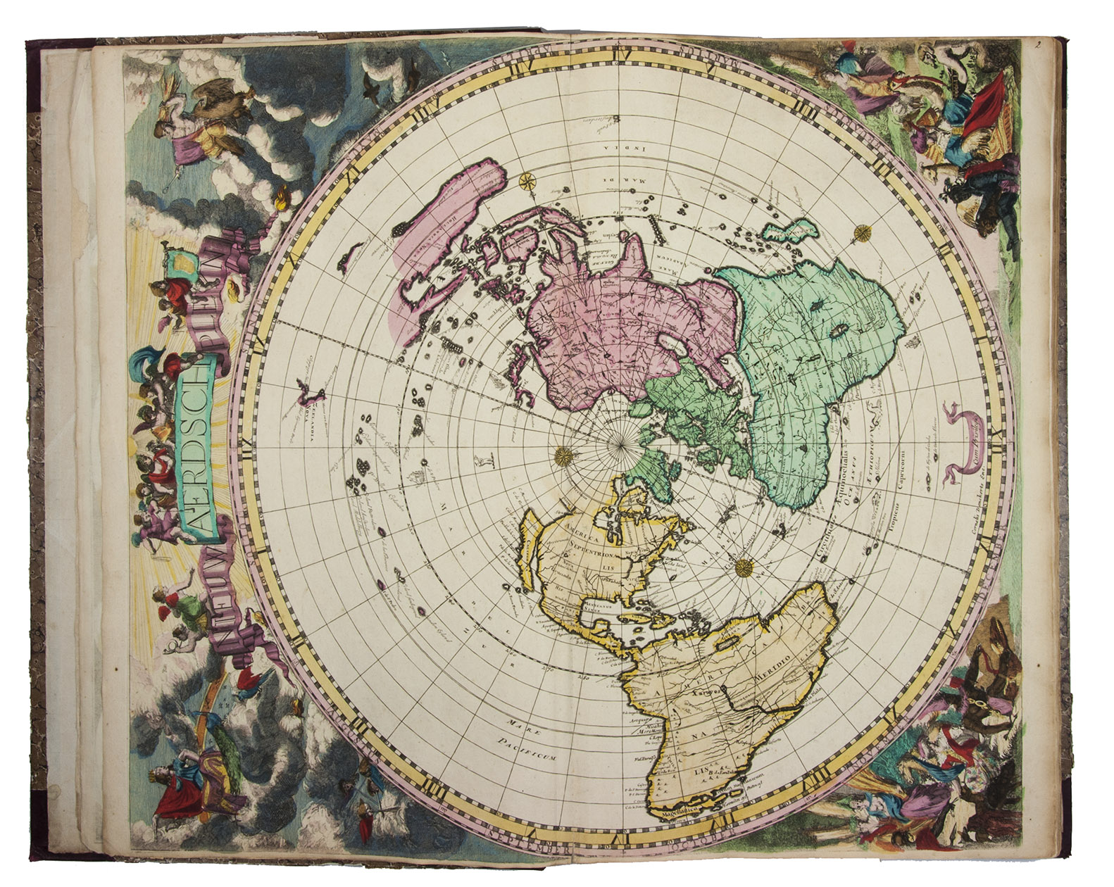 [DANCKERTS, ALLARD, VISSCHER, DE WIT, MORTIER and others]. - Atlas.[Amsterdam, Theodorus and Cornelis III Danckerts?, ca. 1706 (dated maps 1694-1706)]. Imperial folio (53.5 x 33.5 cm). Composite atlas, with an engraved title-page, 43 double-page engraved maps and 4 double-page engraved tables, all beautifully coloured in a consistent and balanced manner by a contemporary hand, probably in the workshop of the publisher. With maps by Johannes, Justus, Theodorus and Cornelis III Danckerts, Carel and Abraham Allard, Nicolaas Visscher I & II, Frederik de Wit, Pieter Mortier, Caspar Specht and even Alexis-Hubert Jaillot in Paris. Modern maroon sheepskin.