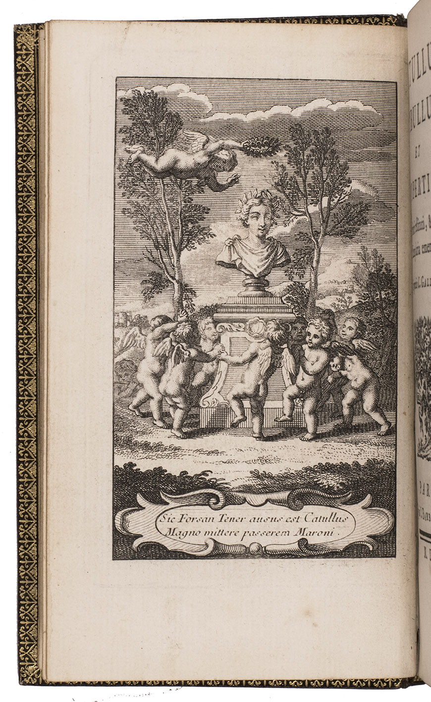 CATULLUS, TIBULLUS & PROPERTIUS. - Catullus, Tibullus et Propertius, pristino nitori restituti, & ad optima exemplaria emendati, cum fragmentis C. Gallo inscriptis.Paris, J. Barbou, 1754. 3 parts. 12mo. Each part with its own title-page and engraved frontispiece. 19th-century brown morocco, double fillets in gold on the board edges, richly gold-tooled turn-ins, gilt edges.