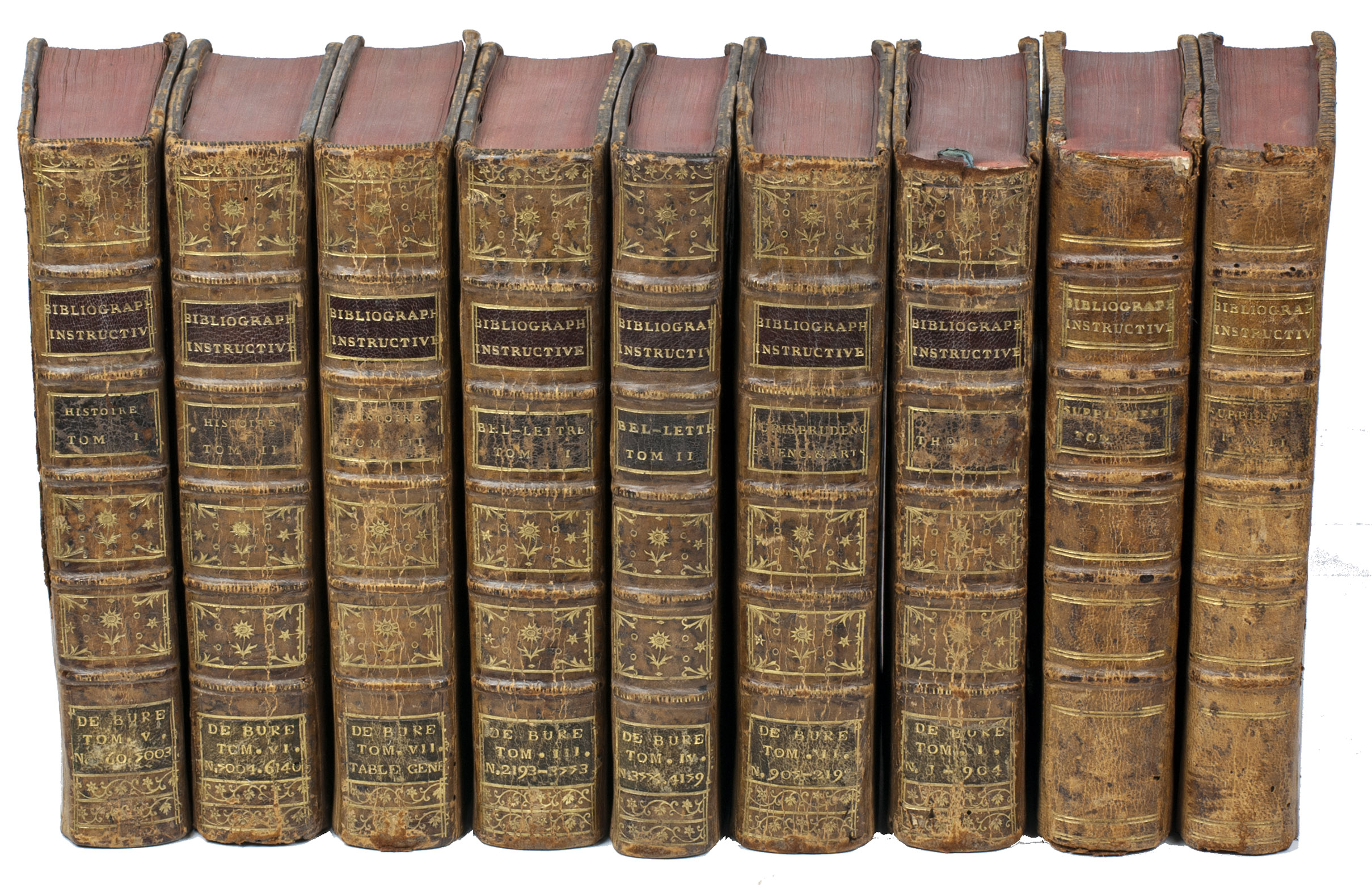 DE BURE, Guillaume-Franois. - Bibliographie instructive: ou trait de la connoissance des livres rares et singuliers.Paris, 1763-1769. 9 volumes. 8vo. Contemporary mottled calf, richly gold-tooled spines. Supplement volumes (vol. 8-9) in slighty different mottled calf with gold-tooled spines.