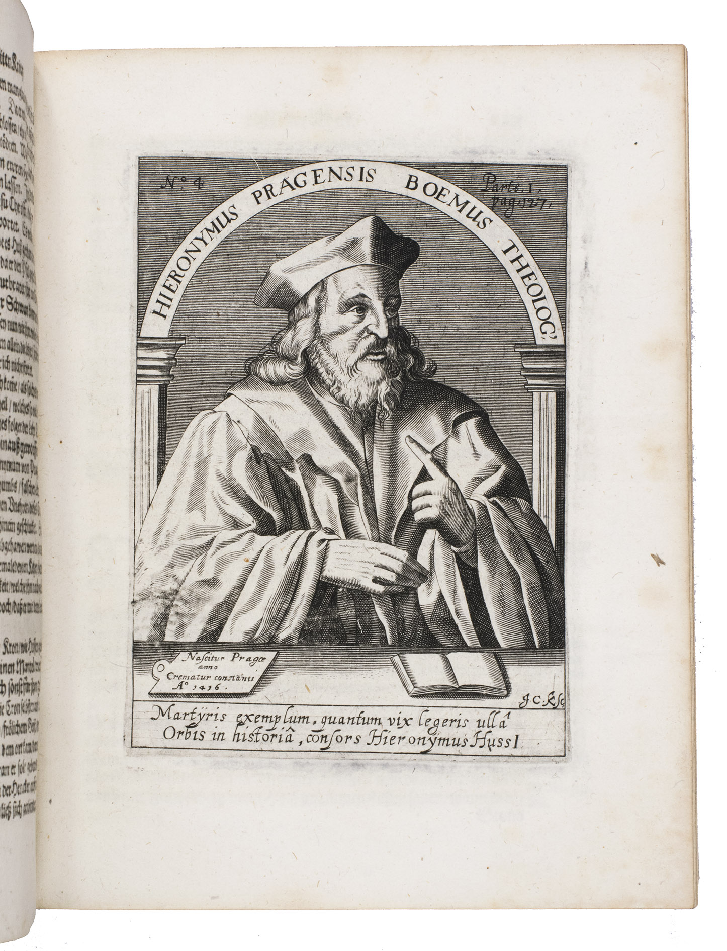 THEOBALD, Zacharias. - Hussiten Krieg: darinnen begriffen, das Leben, die Lehr, der Todt M. Johannis Hussii, auch wie derselbe von den Böhmen, besonders Johann Zischka, ist gerochen, und seine Lehr hernacher inn dem Königreich erhalten worden ...Nuremberg, Simon Halbmayer, 1621. 4 parts in 1 volume. 4to. With the full-page portrait of the author (1621), and 17 numbered full-page portraits of Johannes Huss, popes, kings, emperors and other Bohemian reformers, by Johann Conrad Klüpffel. The 4 titles printed in red and black, the first 3 with the woodcut coat-of-arms of Bohemia, Halbmayer’s woodcut device at the end of all 4 parts, folding letterpress genealogical table in the 4th part, the added Confessio. Contemporary vellum, title on spine.