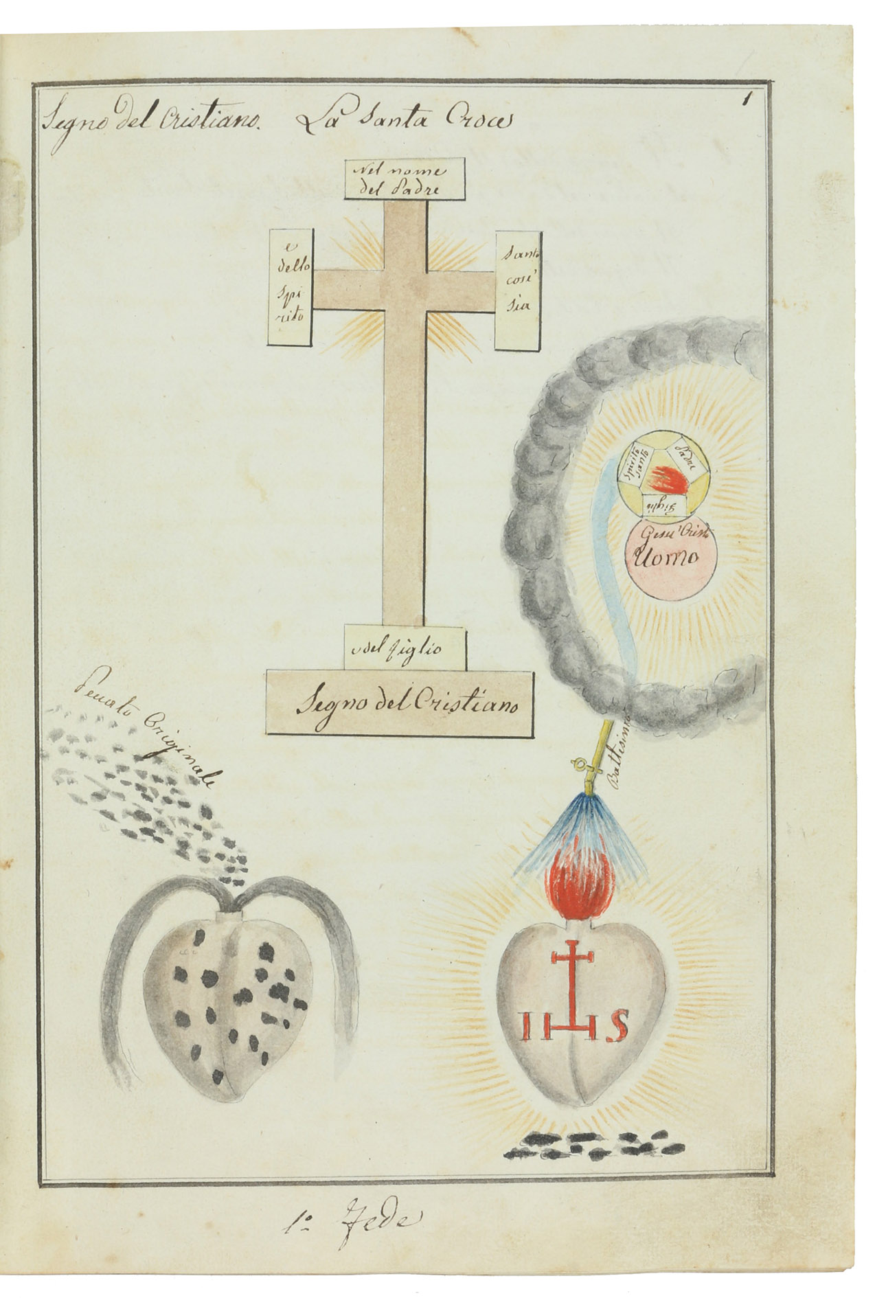 [ASSAROTTI, Ottavio Giovanno Battista]. - Dottrina Christiana. [Manuscript in Italian].[Genoa, ca. 1815/20]. 8vo. With 117 (of 118) full-page hand-coloured drawings, each in a frame of double rules (20.5 x 14 cm), with lively illustrations of the Christian doctrine, and text in Italian. Contemporary half calf, gold-tooled spine.