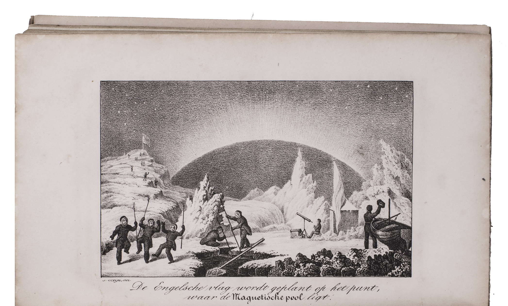 ROSS, John. - De reizen en lotgevallen van kapitein John Ross, op zijne ontdekkings togten naar de Noordpools gewesten. Voor jonge lieden ... Uit het Hoogduitsch vertaald.Amsterdam, Ten Brink & De Vries, 1837. 8vo. With the title-page, 6 plates (including frontispiece) and folding map of the Arctic region all lithographed. Slightly later half cloth.