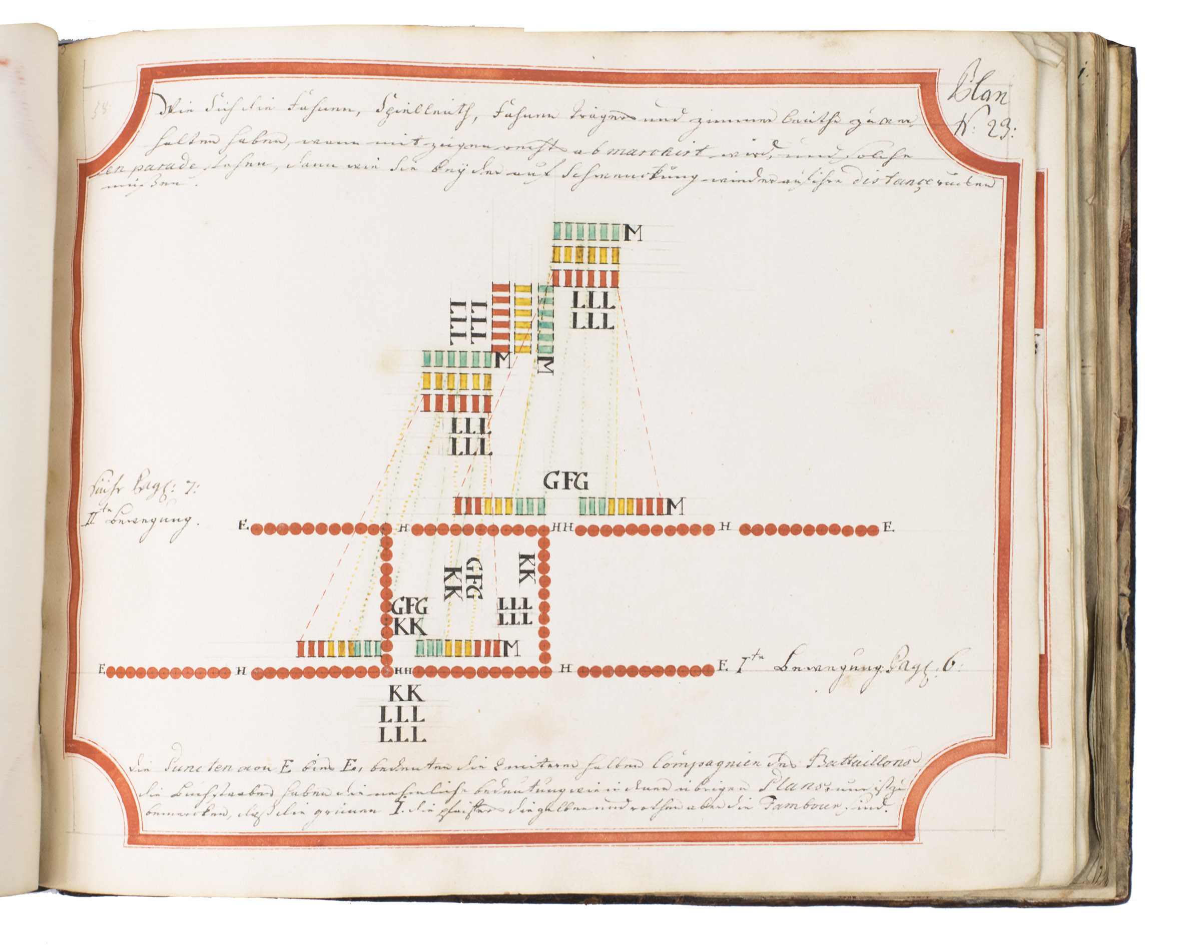 LEEUWEN, Engelhard August Baron van. - Plans des neu herrauss gegebene Exercittii nach den dermahligen Kayserl: Knigl: kriegs Fuss Volck eingerichtet. Herausgegeben im Jahr 1765. Zugehrig Titl. Herrn Obrist Wacht M[ei]st[er] Baron v[on]: Engelhard.Austria, 1769[?]. Oblong 4to (18.5 x 23 cm). With title and the explanation of the key letters used in the plans written in red, the key to the colour coding in the troop formations in 8 colours, and 49 (of 55) numbered colour-coded plans of infantry exercises. Each text leaf and each plan (except no. 26) in a frame of rules, nos. 2-35 in red, the rest in black. Plans 1, 24, 32, 33, 42, and 46 have been torn out, in 2 cases leaving a small piece of the drawing. Contemporary mottled tanned sheepskin, gold-tooled spine.