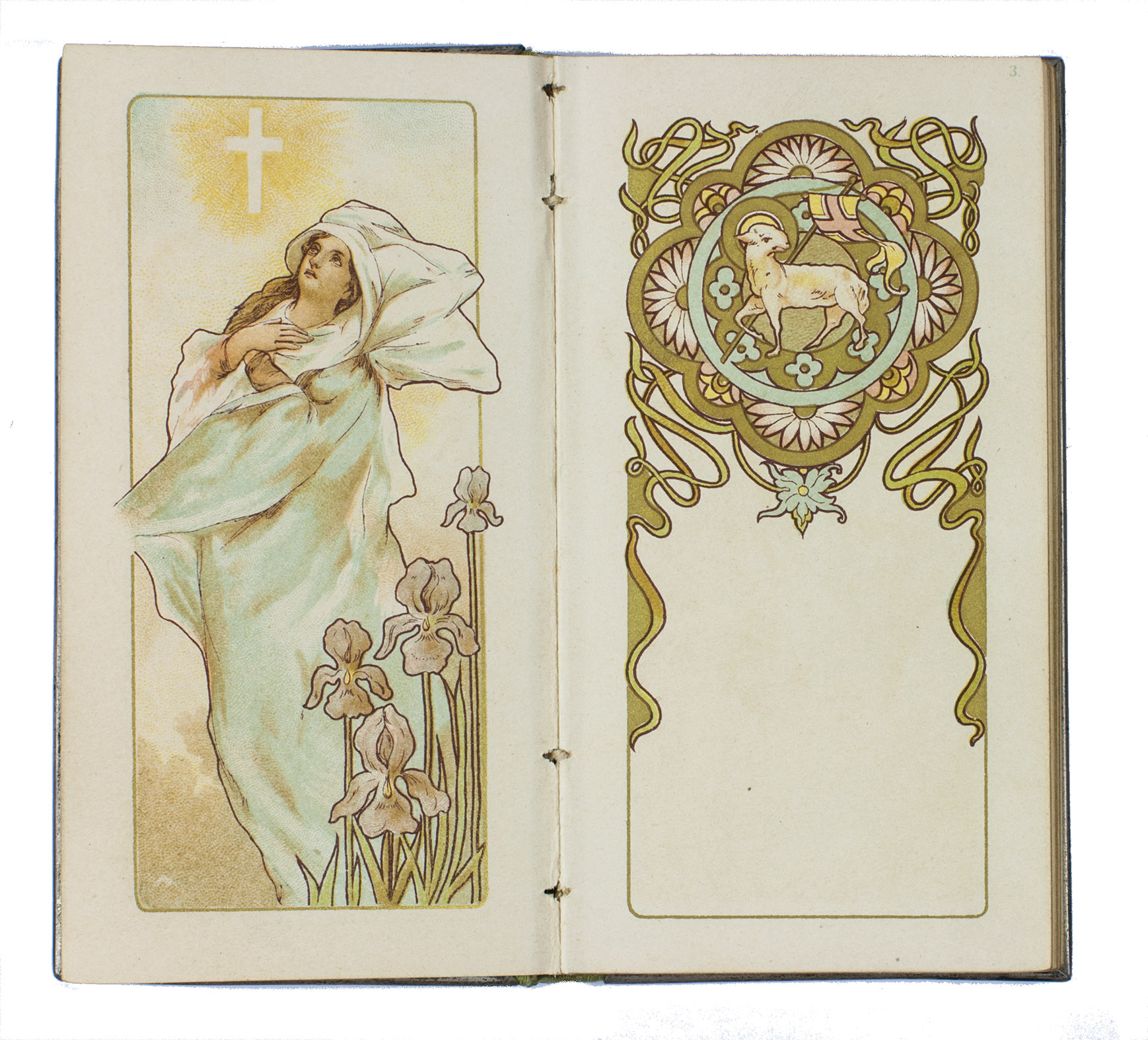 CONDIO, Luigi. - Preghiere. Miniature di Vittorio Vulten.Torino, Carlo de Martini (printed by Stab. Litografico Giovanni Fraschini & C., Milan), 1902. 18mo (13.5 x 7.5 x 1.5 cm). A wholly chromolithographed Art Nouveau prayer book, printed in numerous pastel colours plus gold, with (mostly floral) decoration on every page and numerous additional illustrations. In a silver binding (hallmarked