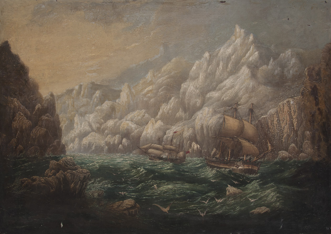 [NORTHWEST PASSAGE - PAINTING]. - [The ships Erebus and Terror in the Arctic]. [England?, ca. 1850?]. Oil painting on canvas (65.5 x 91 cm), showing 2 ships in a rough sea amid dangerous rocks and ice. Later mounted on another canvas and stretched over a wooden frame, with a handwritten note about the painting pasted on the back.