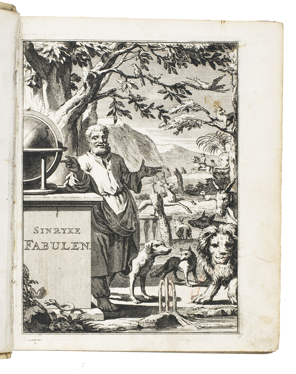 [COURT, PIETER de la]. - Sinryke fabulen, verklaart en toegepast tot alderley zeede-lessen, dienstig om waargenoomen te werden in het menschelijke en burgerlijke leeven.Amsterdam, Hieronymus Sweerts, 1685. 4to. With a richly engraved allegorical frontispiece and 100 engraved illustrations in the text by J. Gole.Contemporary vellum.