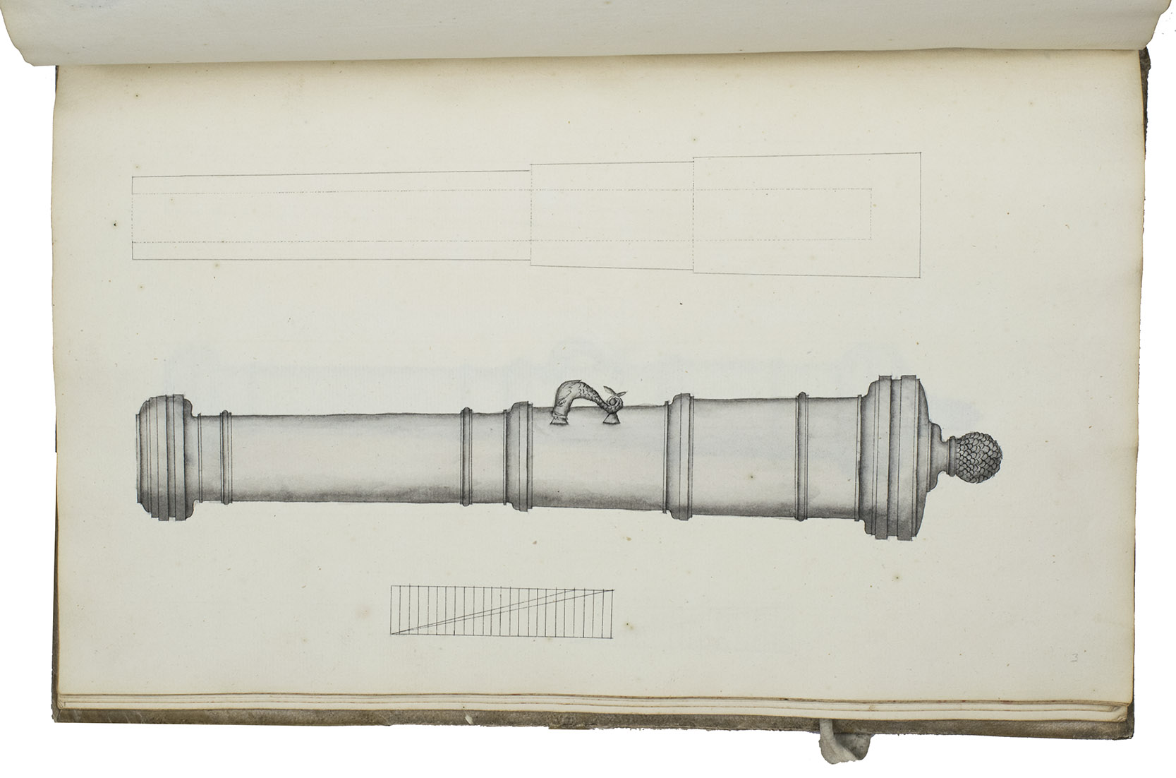 [MILITARY]. - Geometria of meetkonst ... Vestingbou of fortificatie ... [Artillerie]. [Netherlands, ca. 1750]. 3 related works in 1 volume. Folio. With numerous mathematical diagrams, fortification plans and measured drawings of artillery and ammunition, including 12 full-page watercolour drawings (3 fortification plans and 9 beautifully rendered canons) and many more watercolour drawings in the text. With a large folding fortification plan tipped in, a large folding artillery drawing loosely inserted, and several smaller drawings tipped in or loosely inserted. Contemporary sheepskin parchment.