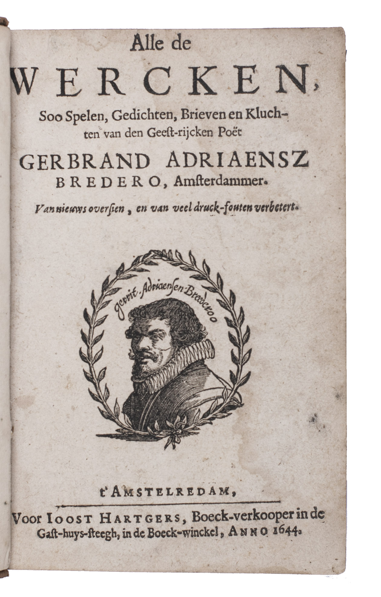 BREDERO, Gerbrand Adriaensz. - Alle de wercken, soo spelen, gedichten, brieven en kluchten.Amsterdam, Joost Hartgersz., 1644. 12 parts in 1 volume. 8vo. 18th-century mottled calf, with gold-tooled spine and board edges.