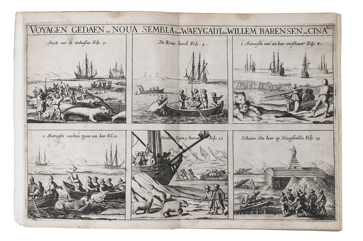 VEER, Gerrit de (et al.). - Verhael van de eerste schip-vaert der Hollandische ende Zeeusche schepen door 't Way-gat, by Noorden Noorwegen, Moscovien ende Tartarien, na de coninckrijcken Cathay ende China. Met drie schepen, uyt Texel gezeylt in den jare 1594. Hier achter is by-ghevoeght de beschrijvinghe van de landen Siberien, Samoyeda, ende Tingoesa. Seer vreemt en vermaackelijck om lesen. Amsterdam, for Joost Hartgers, 1648. 4to. With woodcut illustration on title-page and a double-page engraved plate with 6 illustrations. Old marbled wrappers.