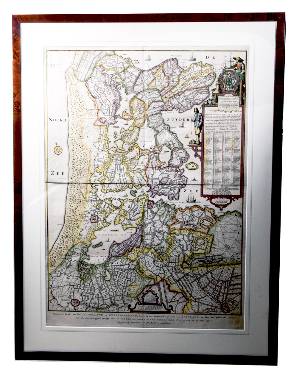 BEELDSNIJDER, Joost Jansz. - Vernieuwde Kaart van Noordholland en Westfriesland, benevens het voornaamste gedeelte van Rhynland, en daar aan grenzende Landen.Amsterdam, Yntema & Tieboel, 1778. (92 x 68 cm). Large hand-coloured engraved map on 2 sheets, decorated with arms, figures and products from the regions shown, and with the title at the foot. Framed.