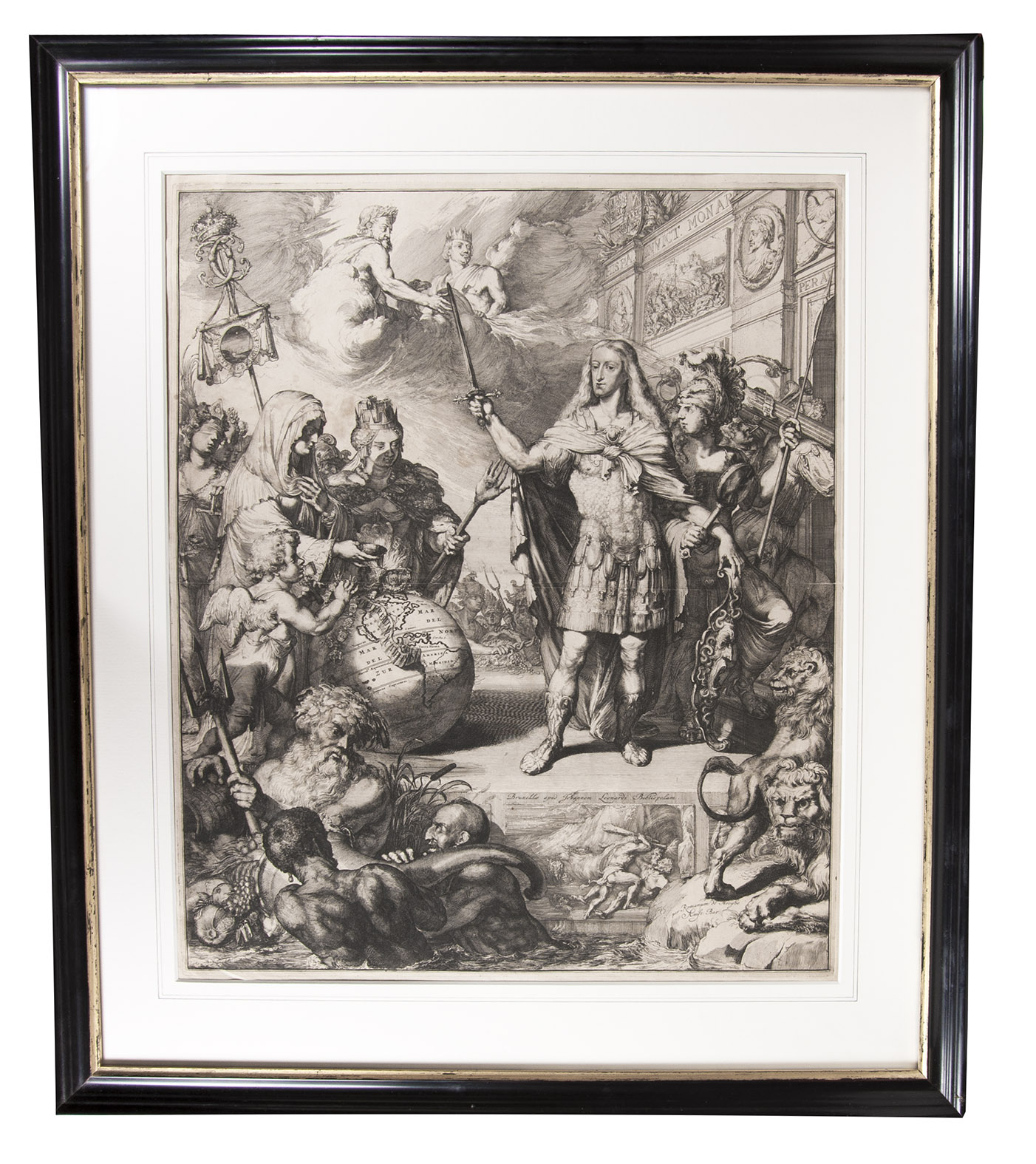 HOOGHE, Romeyn de. - [King Charles II of Spain]. Brussels, Jean Leonard, [ca. 1685]. 6050 cm. Allegorical portrait of King Charles II of Spainas a Roman Emperor, with a globe showing the Americas, numerous allegorical figures and classical gods, his arms on the wall in the background and his crowned CC II monogram on a staff with a banner. Framed, in a passe partout.