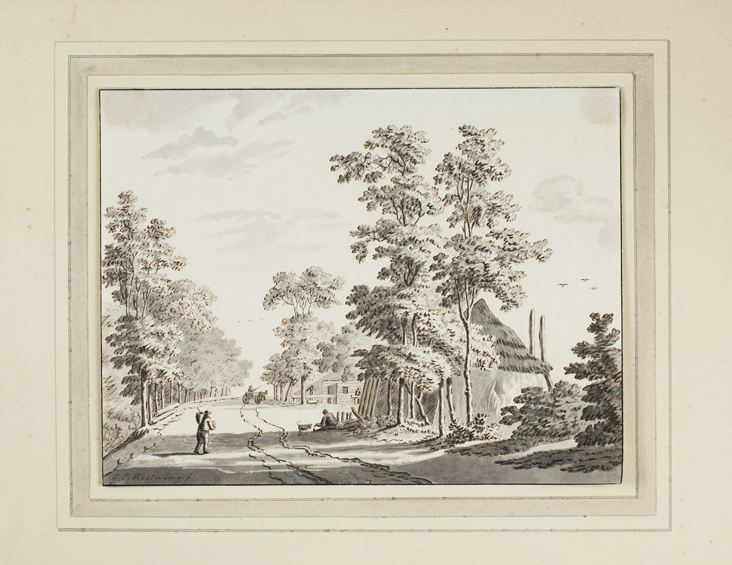 WESTENBERG, George Pieter. - Woody landscap with a road and huts.[Haarlem?, after 1838]. 18 x 23,5 cm. Pen and brown ink and black wash, mounted on cardboard. Signed 