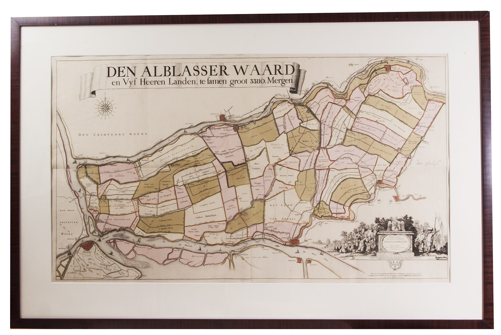 [MAP - NETHERLANDS - ALBLASSERWAARD]. - ]. Den Alblasserwaard en Vyf Heeren Landen, te samen groot 33110. mergen. Nieuwe caerte vertoonende den geheelen Alblasserwaert. Nieuwlycx uytgegeven door Abel de Vries landmeter tot Dordrecht 1716. Met een nette aanwijzing der dijkbreuken en hulpgaten van 't jaar 1740 en 1741. uytgegeeven door Matth. de Vries.[Dordrecht], Matthias de Vries, [ca. 1741]. 66 x 117 cm. Wall-map on 4 sheets, originally engraved by Bastiaan Stopendaal (1637-1693), in contemporary hand colouring. Framed (93 x 143 cm).