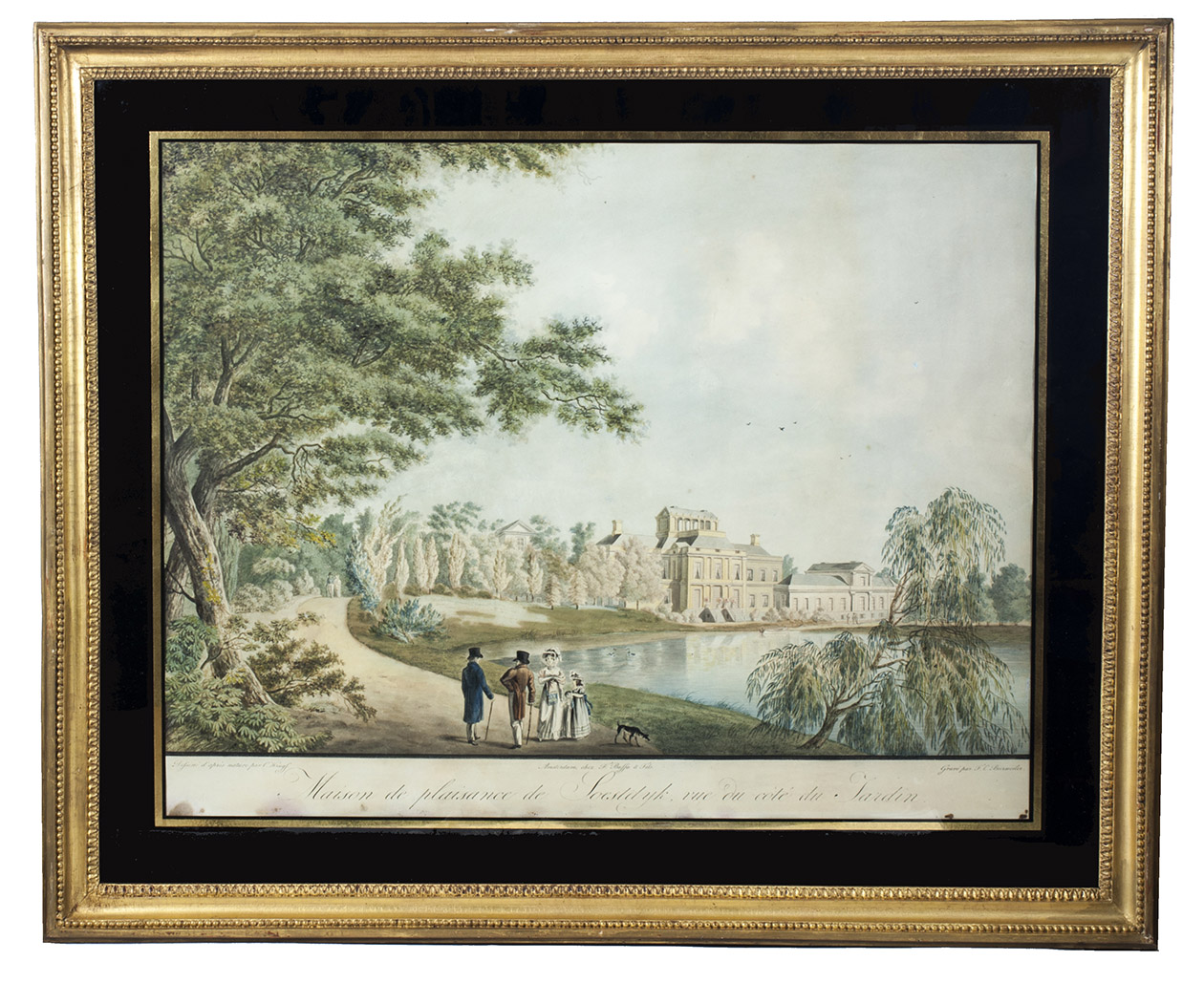 [SOESTDIJK]. KRUYFF, Cornelis de & Frederik Christiaan BIERWEILER. - Maison de plaisir de Soestdijk, vue du cot du jardin.Amsterdam, F. Buffa et fils, [1830-1850]. Framed (61,5 x 75,5 cm).
