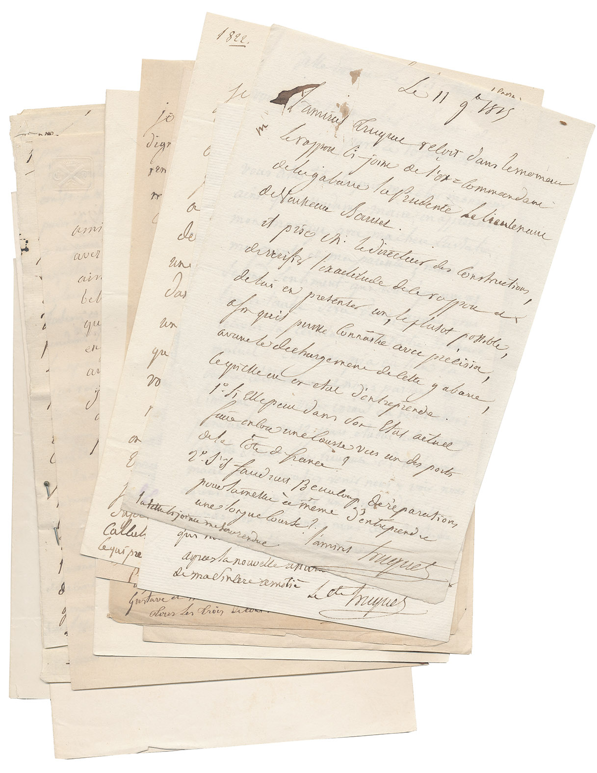 [AUTOGRAPH]. TRUGUET, Comte Laurent Jean Franois. - [Autograph letters, signed, to several recipients, mostly military colleagues and government officials].Paris, 1815-1839. 8vo (mostly ca. 19 x 13 cm). 10 signed autograph letters in French, plus a draft for another, written in ink on laid and wove paper, 3 with their red wax seals or parts of seals (2 more with traces of former seals), and 6 with recipients' addresses.