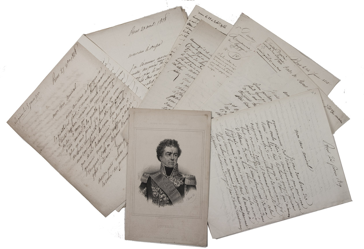DUPERR, Admiral Guy-Victor. - [9 autograph letters, signed, mostly from the writer's time as Prfet maritime in Brest]. Brest, 22 February 1819 - 18 June 1829. Folio and 4to. Autograph letters in French, written in brown ink on single and double leaves of several laid and wove paper stocks. With: (2) GHMAR, Louis-Joseph. Duperr [lithographic portrait].Brussels, Charles Hen (printed by P. Degobert), dated 1842 by the artist.