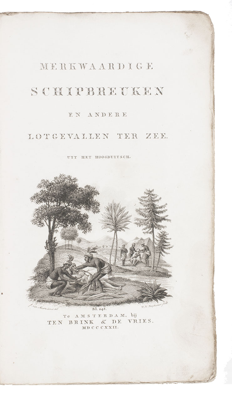 [SHIPWRECKS]. - Merkwaardige schipbreuken en andere lotgevallen ter zee. Uit het Hoogduitsch.Amsterdam, Ten Brink & De Vries, 1822. 8vo. With engraved title-page with aquatint vignette by W.H Hoogkamp after J. van Meurs. Contemporary wrappers.