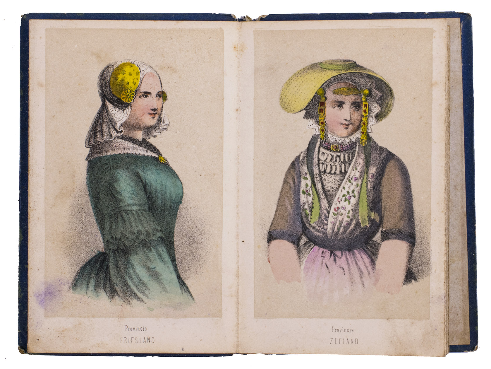 [COSTUMES - NETHERLANDS]. - Kleederdragten en typen der bewoners van Nederland.Amsterdam, P.G. van Lom, [1863?]. Accordion-folded print series (10.5 x 6.5 cm), with 16 tinted lithographed plates, publisher's colouring and heightened with gum arabic. Publisher's original boards, with title on front.