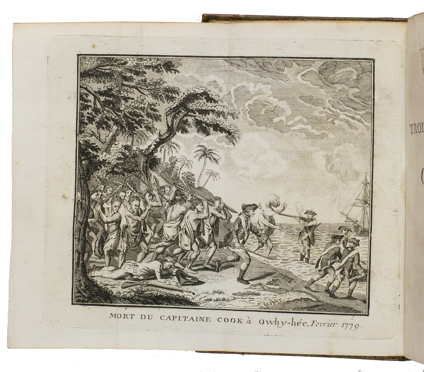 [RICKMAN, John]. - Troisieme voyage de Cook, ou Journal d'une expdition faite dans la Mer Pacifique du Sud & du Nord en 1776, 1777, 1778, 1779, & 1780 ... Seconde edition.Paris, Belin, 1783. 8vo. With folding engraved plate, illustrating the death of Captain James Cook, and folding engraved chart, depicting the route of Cook's expedition. Modern half calf.