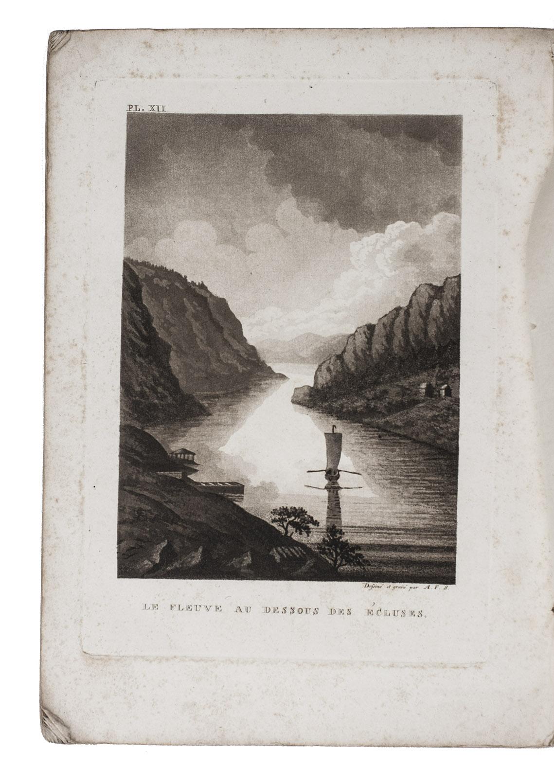 SKJLDEBRAND, Anders Frederik. - Description des cataractes et du canal de Trollhtta en Sude; avec un prcis historique.Stockholm, Charles Deln, 1804. 4to. With an aquatint title-page and 12 aquatint plates, including 1 map, all drawn and engraved by the author. Contemporary grey-blue wrappers.