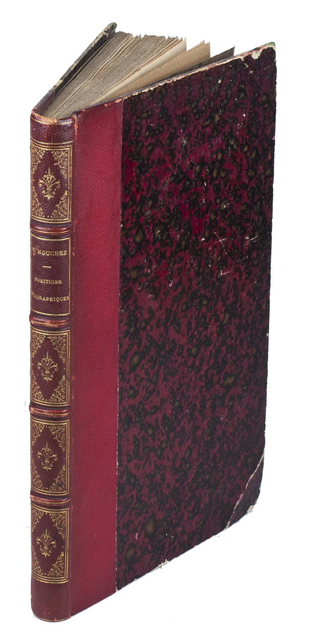MOUCHEZ, Amde Ernest Barthlemy. - Observations chronomtriques faites pendant la campagne de circumnavigation de la corvette La Capricieuse, commande par M. Roquemaurel, capitaine de vaisseau.Paris, Firmin Didot frres, 1855. With 4 folding plates. With:(2) MOUCHEZ, Amde Ernest Barthlemy. Longitudes chronomtriques des principaux points de la cote du Brsil, rapportes au premier mridien de Rio-Janeiro. Paris, Paul Dupont, 1863.(3) MOUCHEZ, Amde Ernest Barthlemy. Positions gographiques des principaux points de la cote orientale de l'Amrique du Sud comprise entre la Guyane Franaise et le Paraguay. Paris, Paul Dupont, 1868.3 works in 1 volume. 8vo. Contemporary grained red half sheepskin.
