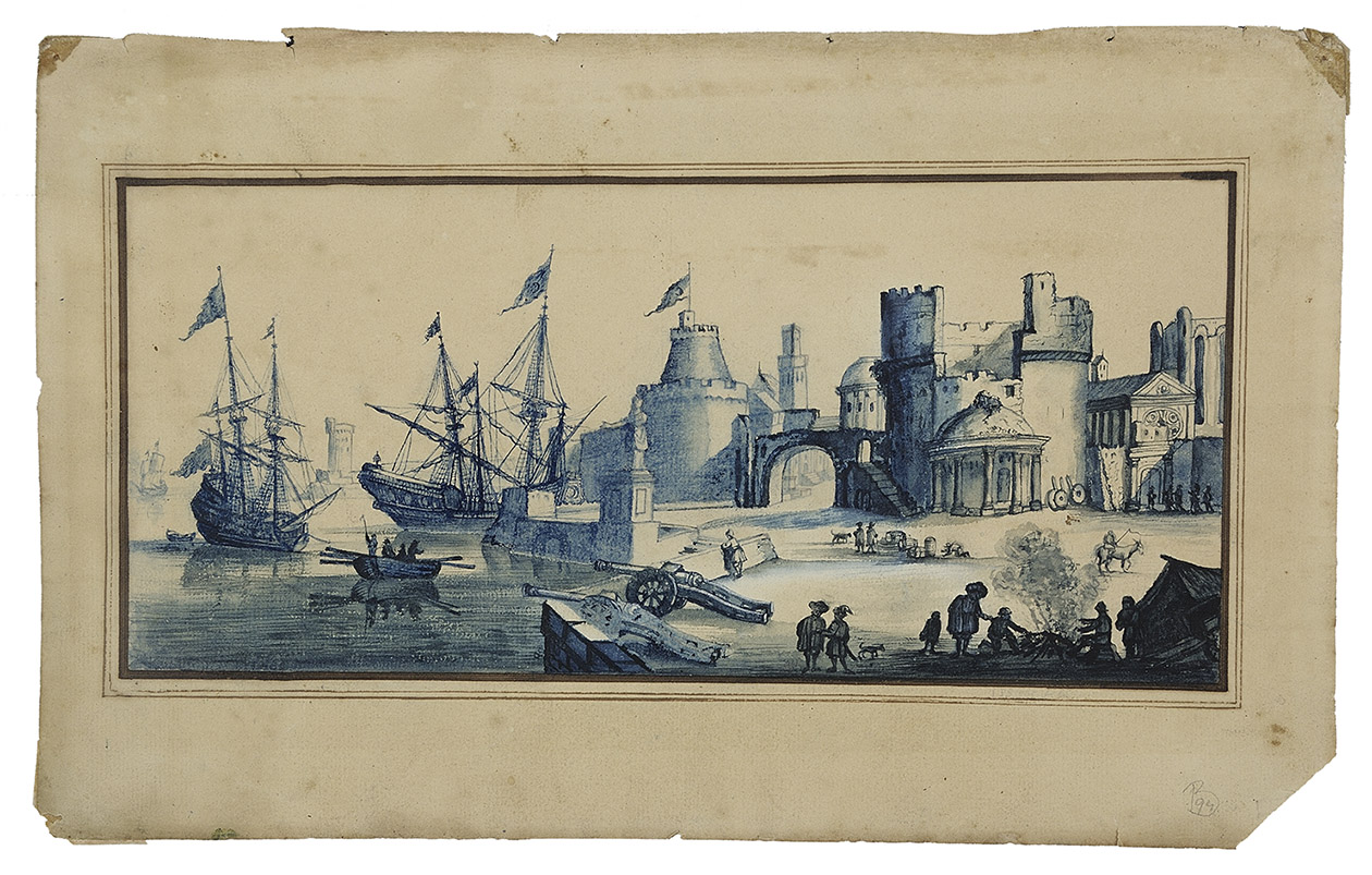 [OTTOMAN PORT]. [PEETERS, Johannes (Jan) (after)]. - [Ladimistri nel' archipelago].[The Netherlands(?), ca. 1720?]. Oblong folio (19.5 x 31.5 cm). Pen and blue-black ink-wash drawing on laid paper, showing the city of Edremit, its harbour and fortifications, with an Ottoman and a Dutch(?) ship, and a lighthouse, in a brown thick-thin-thin border, signed in the border below right, but difficult to read (I. P. Sto...?, I. P. Ste...?). Framed (37 x 49 cm).