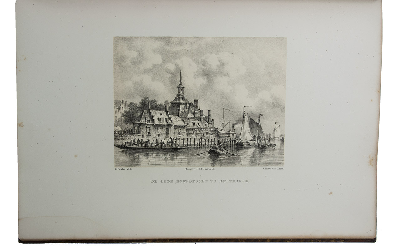 KOSTER, Everhardus. - Schetsboek. Nederlandsche stads- en havengezigten.Amsterdam, F. Buffa & son; Delft, H. Koster; Leiden, P.H. van den Heuvel, 1858. Folio. With letterpress title-page, lithographed portrait of Koster and 24 tinted lithographed views of Dutch cities and harbours by Johannes Hilverdink after Everhardus Koster, printed by Steuerwald. Contemporary half calf.