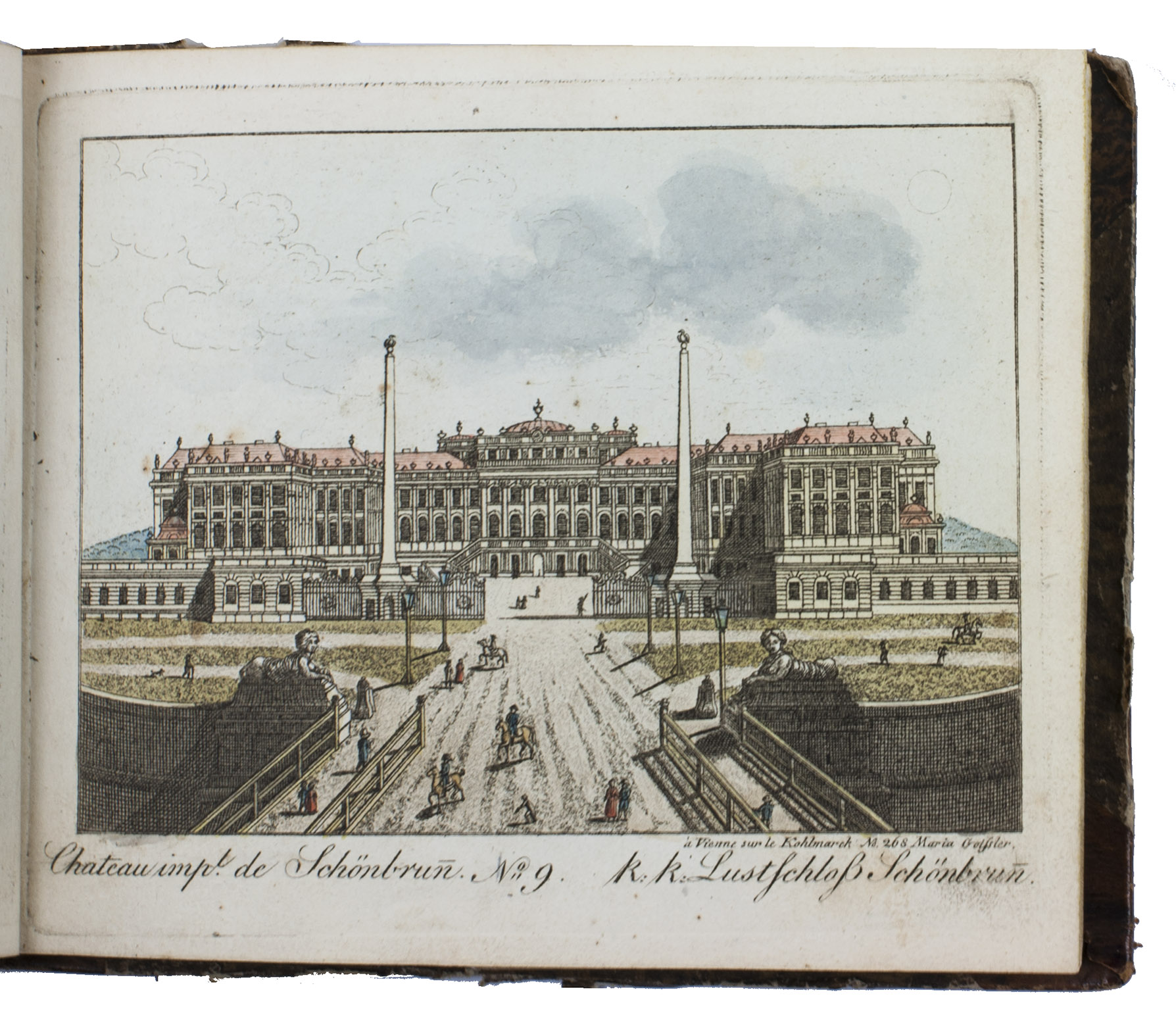 EISNER, Josef, [and others?]. - Collection de vues des prinipaux [rect principaux] palais, eglises, btimens publies, campagnes & jardins tant de Vienne que de ses environs. | Ansichten Sam[m]lung der berhmtesten Pallste, Gebude, und der schnsten Gegenden von und um Wien.Vienna, Maria Geissler, [1812]. Large oblong 16m? (11 x 13.5 cm). With an engraved title-page and 64 (of a possible 100) engraved plates numbered 1-56, 58-61, and odd numbers 63-73 (including 2 folding plates with 2 numbers each, 21/22 and 23/24). Hand-coloured in watercolour by a contemporary hand. Contemporary half sheepskin, gold-tooled spine.