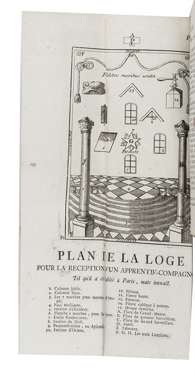 [PERAU, Gabriel-Louis Calabre]. - L'Ordre des Francs-Maons trahi, et le secret des mopses revel.Amsterdam, 1745. 8vo. With vignette on the title-page and 14 engraved plates (4 folding). 19th-century half calf.