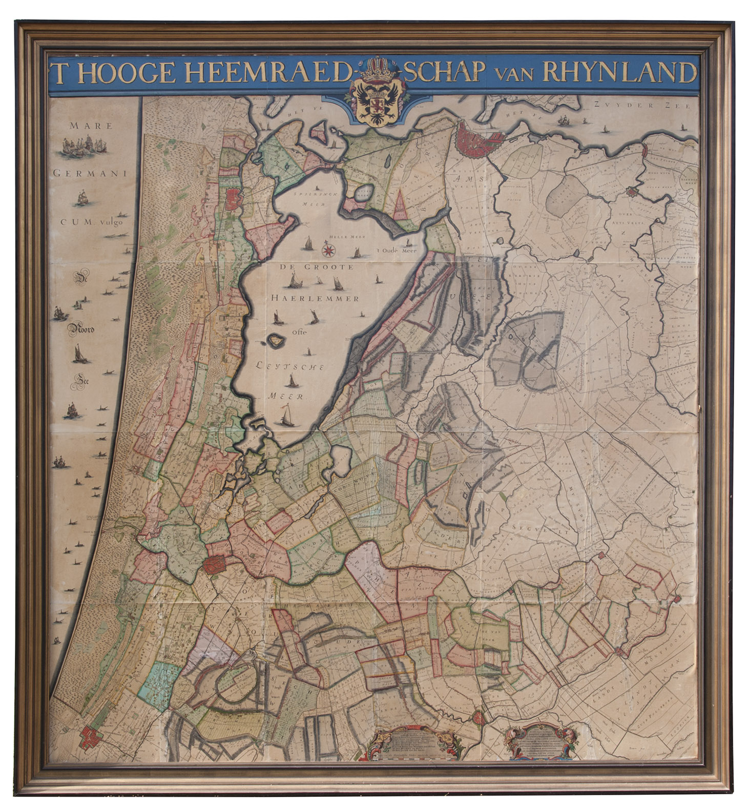 DOU, Jan Jansz. (Johannes Dou I), Steven van BROECKHUYSEN and Melchior BOLSTRA. - 'T Hooge Heemraedschap van Rhynland. [Amsterdam, Isaak Tirion], 1746. Very large engraved wall map of the Rijnland water district in 12 map sheets and 1 title-sheet, the title-sheet divided into 3 strips, the whole mounted on cloth (measuring 185 x 169 cm as assembled). Coloured and shellacked by a contemporary hand, with gold for the lettering of the title and the coat of arms. With the water board's coat of arms, and two decorative cartouches listing the members of the water board in 1687 and 1746. Framed.