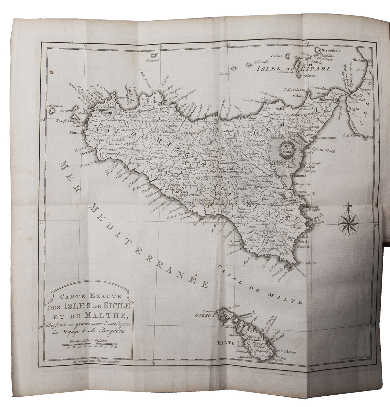 BRYDONE, Patrick. - Voyage en Sicile et a Malthe.Amsterdam, D.J. Changuion, 1776. 2 volumes. 12mo. With folding engraved map by A.v. Krevelt, and an engraved plate. Contemporary half calf, sprinkled paper sides.