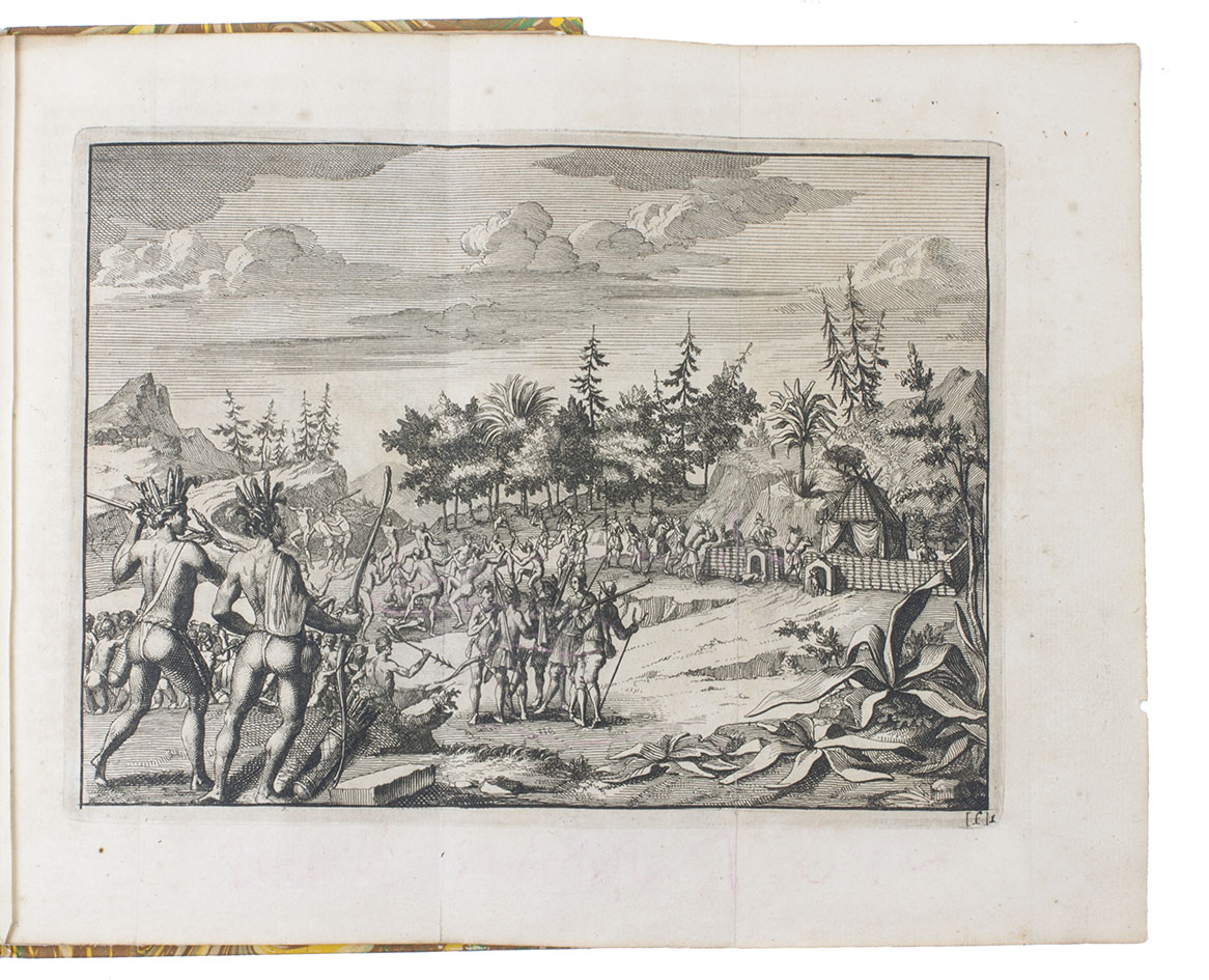 CANNER, Thomas. - Scheeps-togt van Martin Pringe, gedaan in 't jaar 1603. Van Bristol na 't noorder-gedeelte van Virginien.Including: Een tweede reys in 't selfde jaar 1603. Na Virginien, gedaan van Kap. Bartholomeus Gilbert.Leyden, Pieter van der Aa, 1706. 8vo. With engraved publisher's device and 2 folding engraved plates. Modern marbled boards.