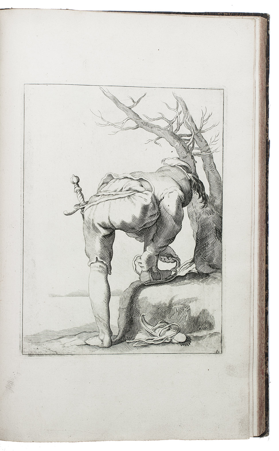 BLOEMAERT, Abraham. - Eerste beginselen der teken-kunst, vervattende in haar veelerlei oogen, neusen, monden, ooren, als meede natuurlyke beweegingen van hoofden, tronin, handen, voeten, armen, beenen, enz.Amsterdam, Reinier & Joachim II Ottens, [ca. 1730]. Folio. With engraved frontispiece self-portrait of Bloemaert engraved by Joachim Ottens, here serving as no. [1] of 140 engraved plates with drawn models of parts of the human body, and human figures and characters in various postures, movements and scenes. Mottled half sheepskin (ca. 1840?).