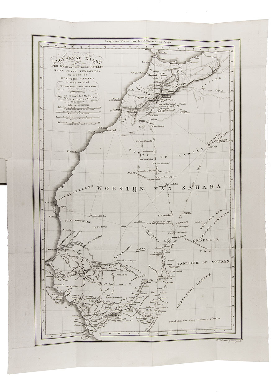 CAILLI, Ren-Auguste. - Dagverhaal eener reize naar Temboektoe, van de westkust af van Afrika, door de binnenlanden, over Jenn, Kabra, Arawan en vele andere opmerkelijke plaatsen, de groote woestijn door, op Tanger... Uit het Fransch overgebragt door Herman van Lil. Haarlem, widow A. Loosjes, 1831. 2 volumes. 8vo. With engraved frontispiece and an engraved author's portrait by D. and A. Veelvaard, and a large folding map (41.5 x 28.5 cm) after E.F. Jomard. Contemporary half cloth.