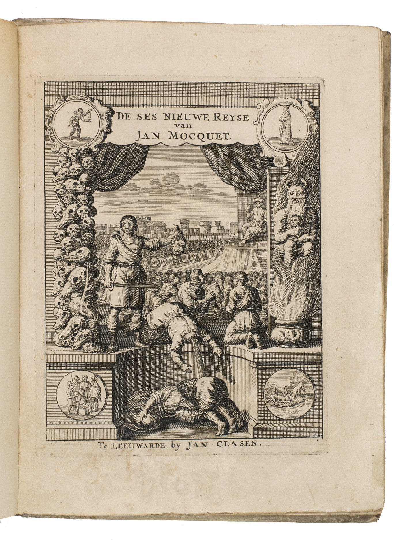 MOCQUET, Jean. - De grote nieuw-bereisde wereld: begrypende zes reizen, zo na Lybien, d'Eilanden van Kanarien en Barbaryen; stroom der Amazonen, Karipouzen en Karibanen; na Marocco; Moren-Land of Ethiopien, Mozambique en Goa; als mede na Syrien en een zeer nauwkeurige beschrijvinge van't Heilig Land ... Den tweden druk.Leeuwarden, Jan Klassen (colophon: printed by Meindert Injema), 1717. 4to. With an engraved title-page, 3 etched plates, and some woodcut decorated initials and tail pieces. Contemporary vellum, later endpapers.