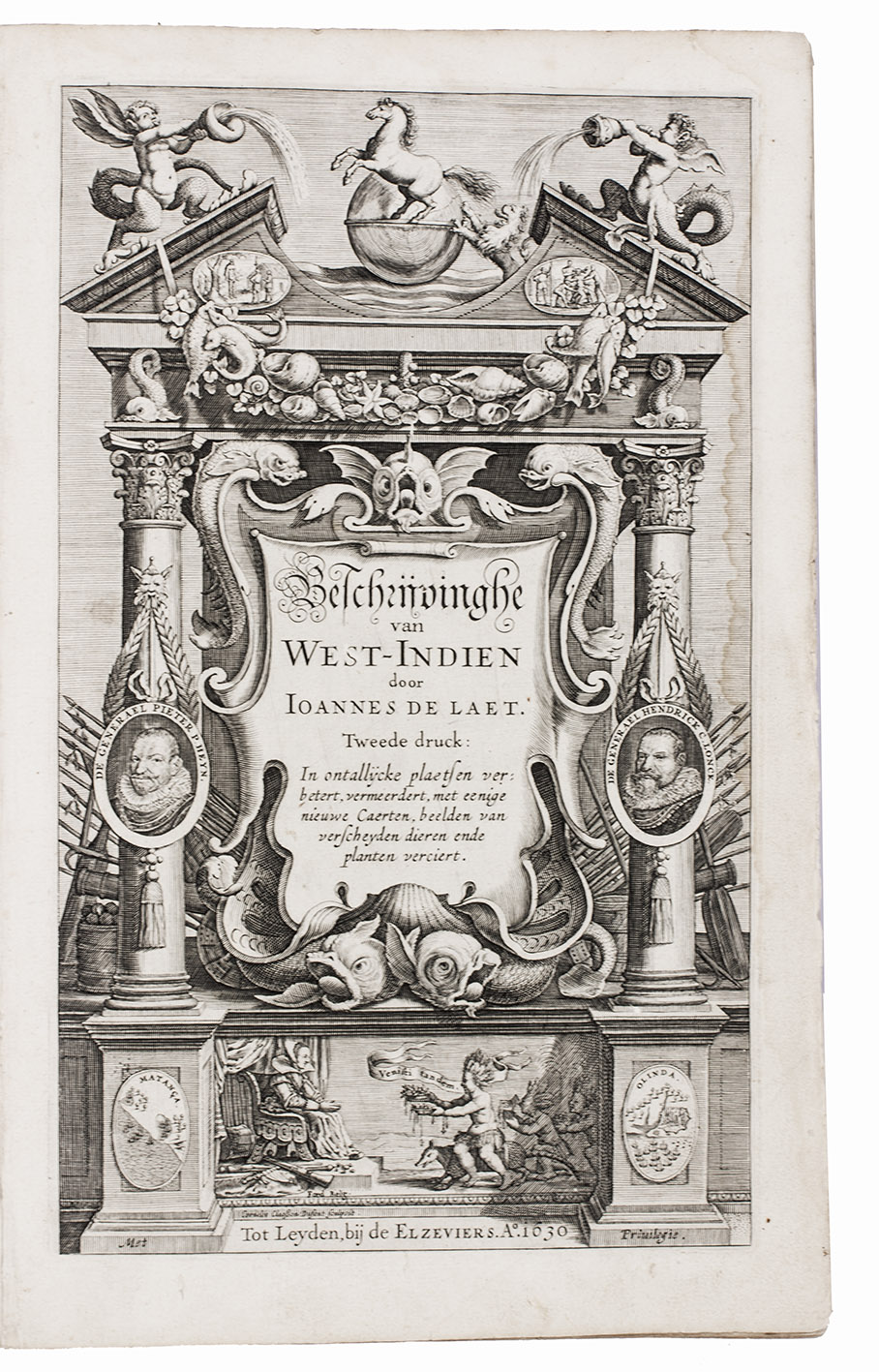 LAET, Johannes de. - Beschrijvinghe van West-Indien ... Tweede druck.Leiden, Elzevier, 1630. Folio. With engraved frontispiece, 14 folding engraved maps, and many text illustrations. Contemporary vellum.